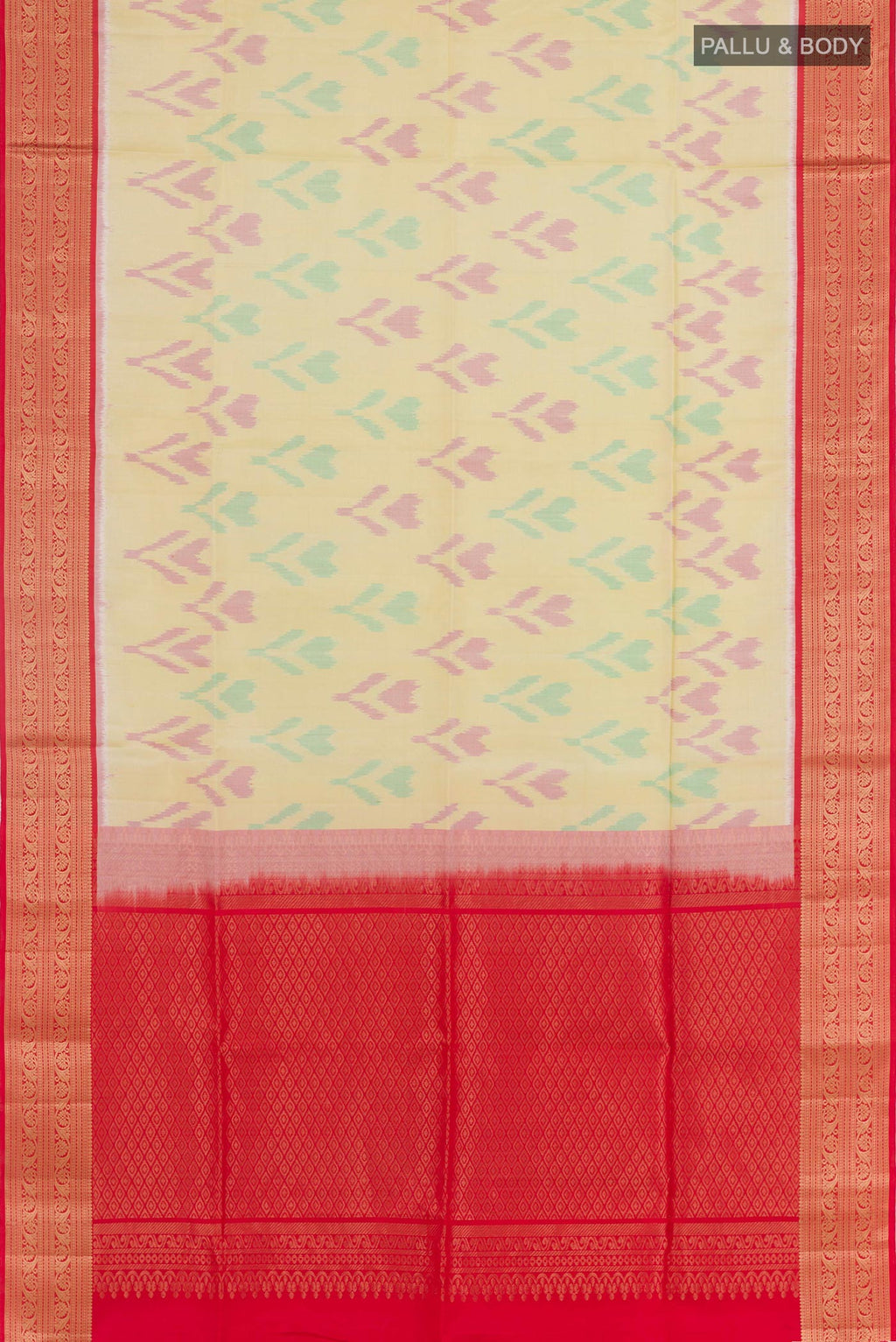 Flat view of Lemon Yellow Soft Silk Saree with Ikat design on the body and Zari Border. 