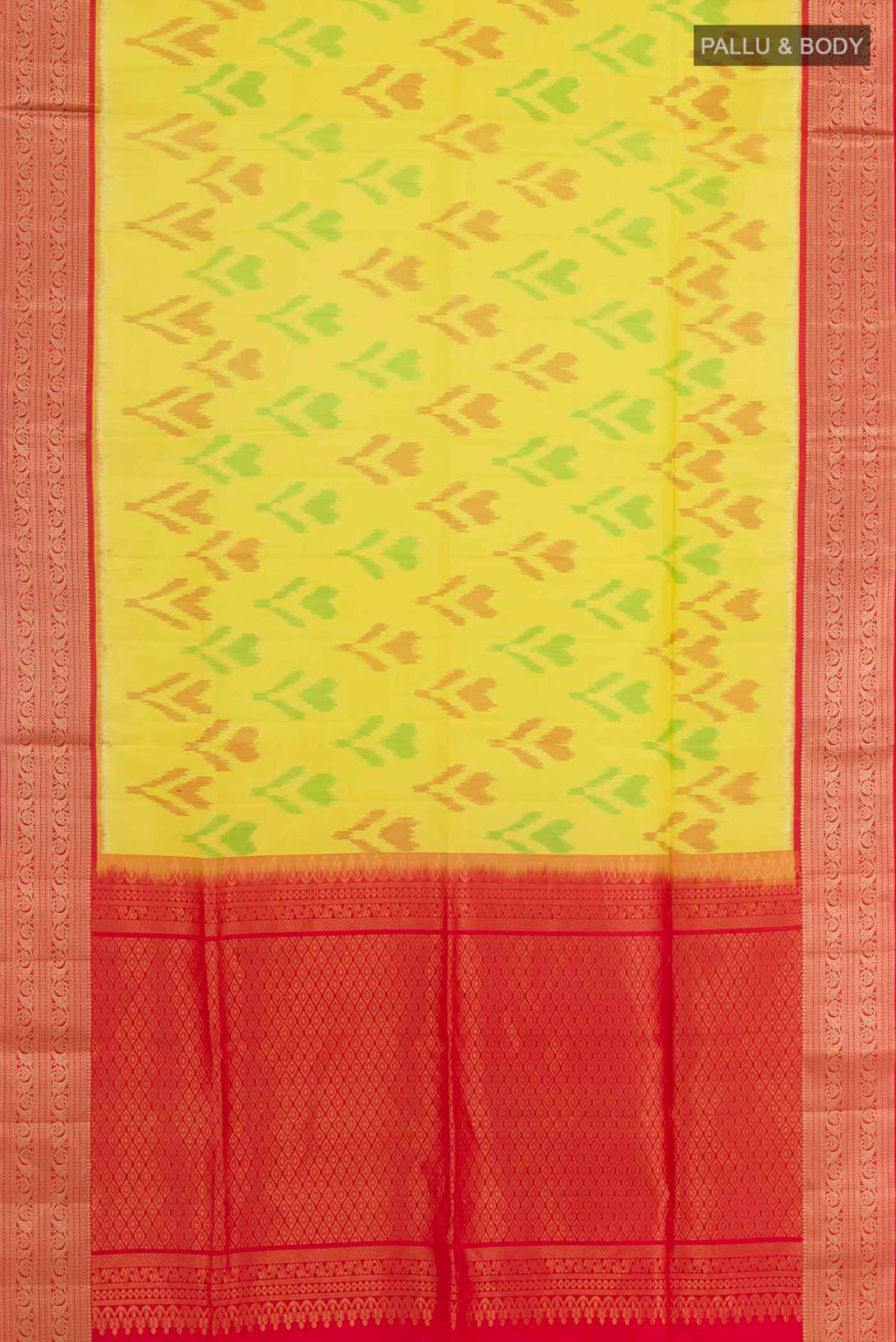 Flat view of Yellow Soft Silk Saree with Pure Ikat on the body and Zari Border. 