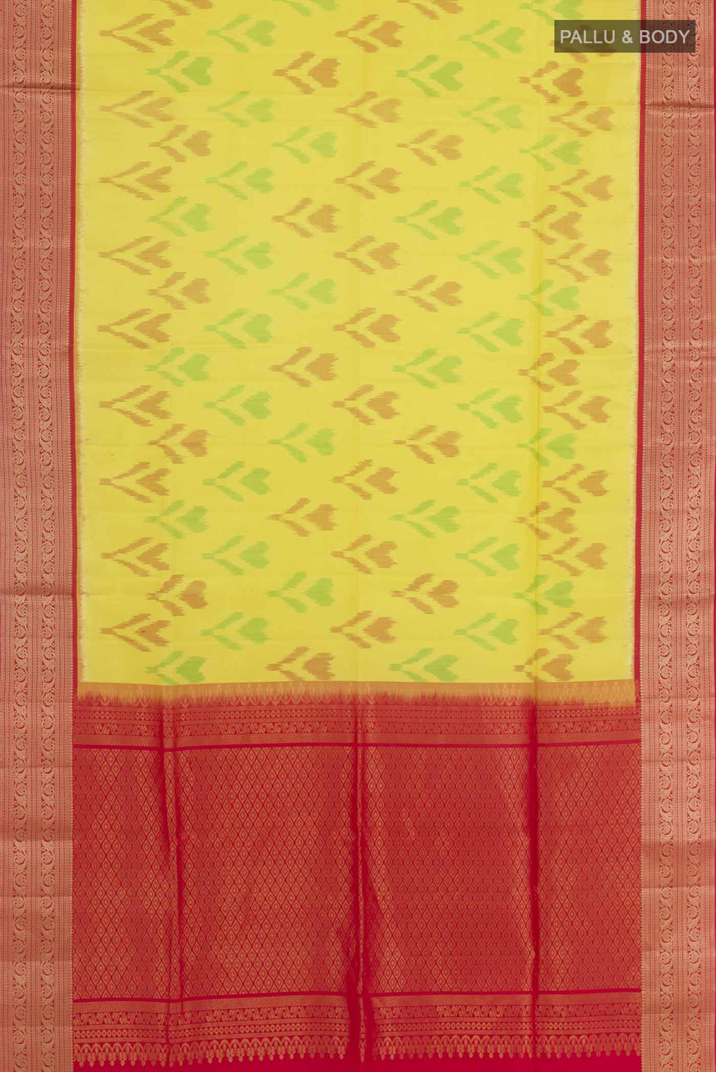 Flat view of Yellow Soft Silk Saree with Pure Ikat on the body and Zari Border. 
