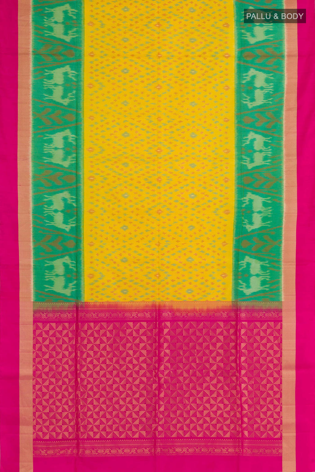 Flat view of Yellow Soft Silk Saree with Ikat design on the body and Zari Border. 