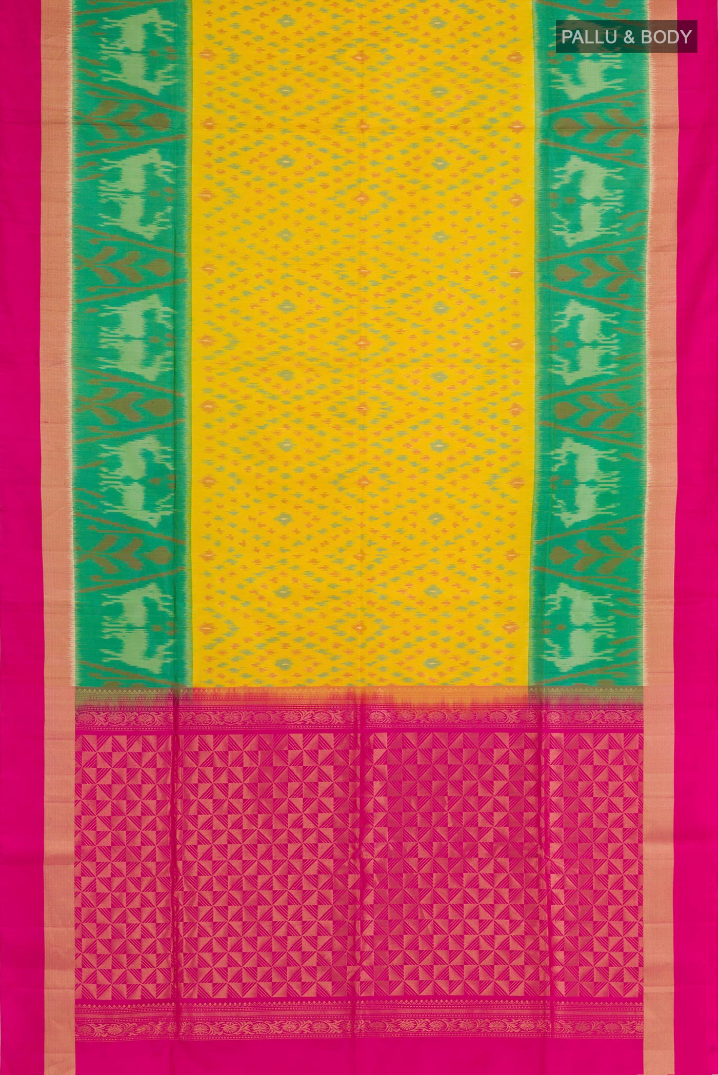 Flat view of Yellow Soft Silk Saree with Ikat design on the body and Zari Border. 