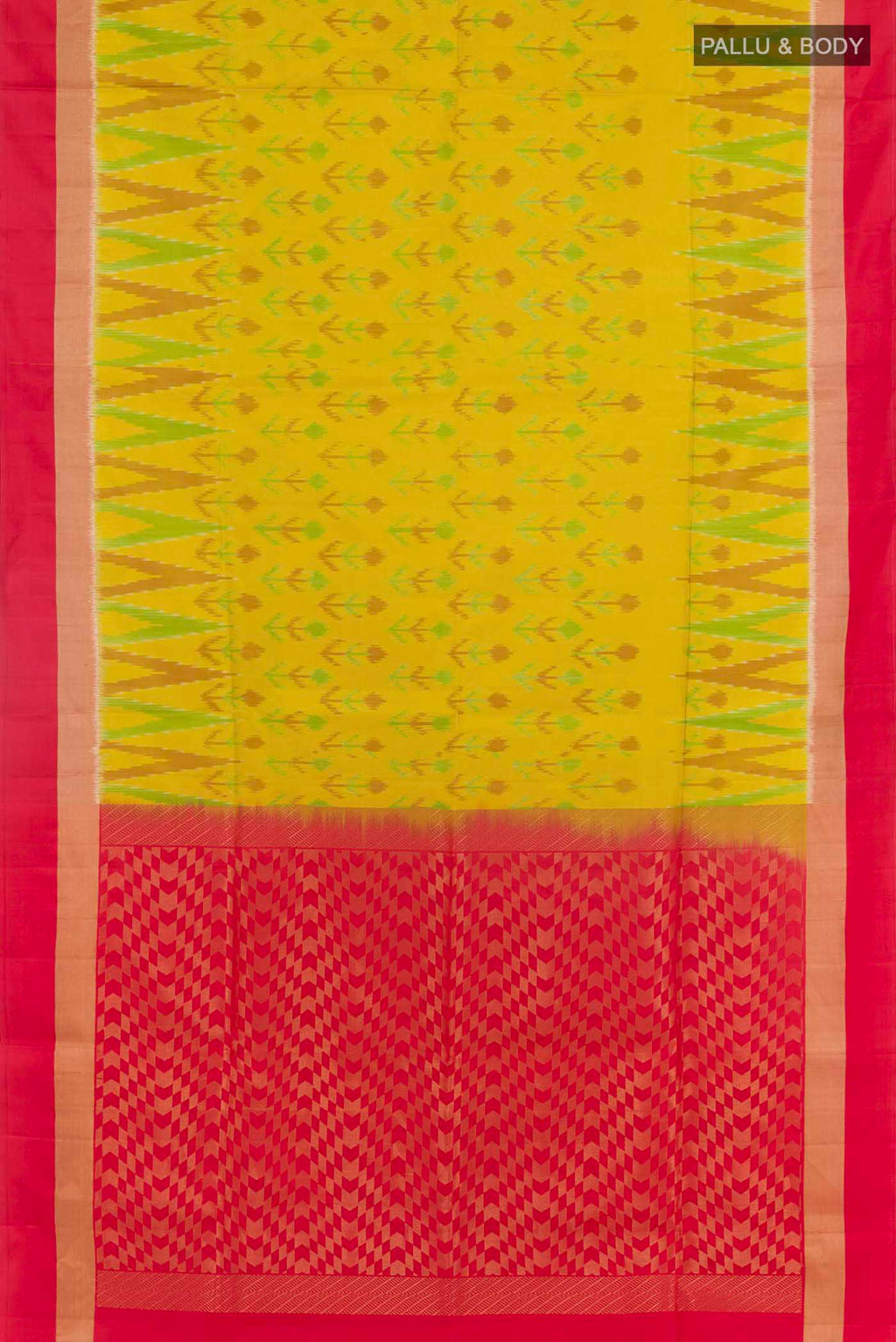 Flat view of Yellow Soft Silk Saree with Ikat design on the body and Zari Border. 
