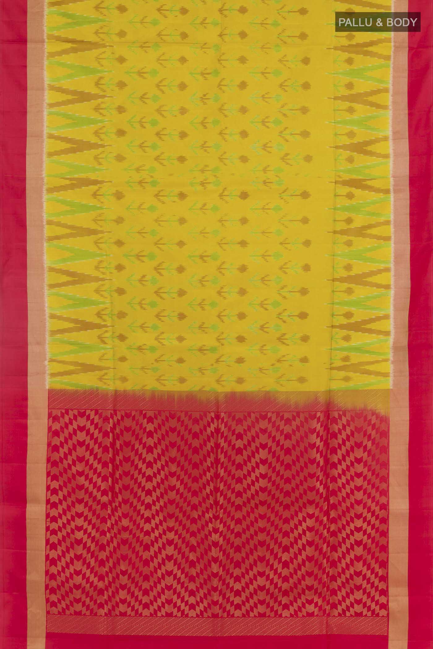 Flat view of Yellow Soft Silk Saree with Ikat design on the body and Zari Border. 