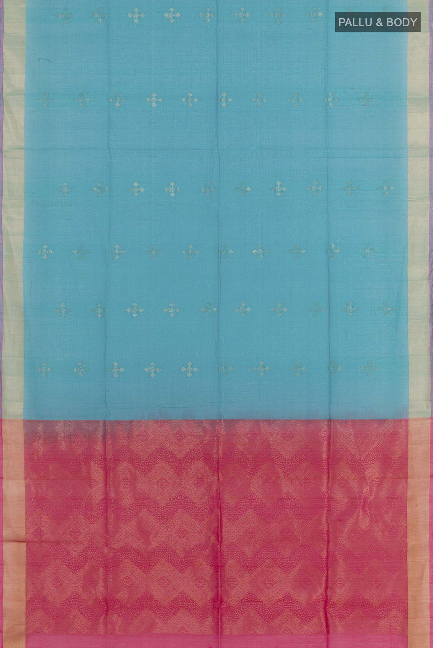 Flat view of Blue Blended Chanderi Kora Silk Saree with Zari Butta on the body and Zari Border. 