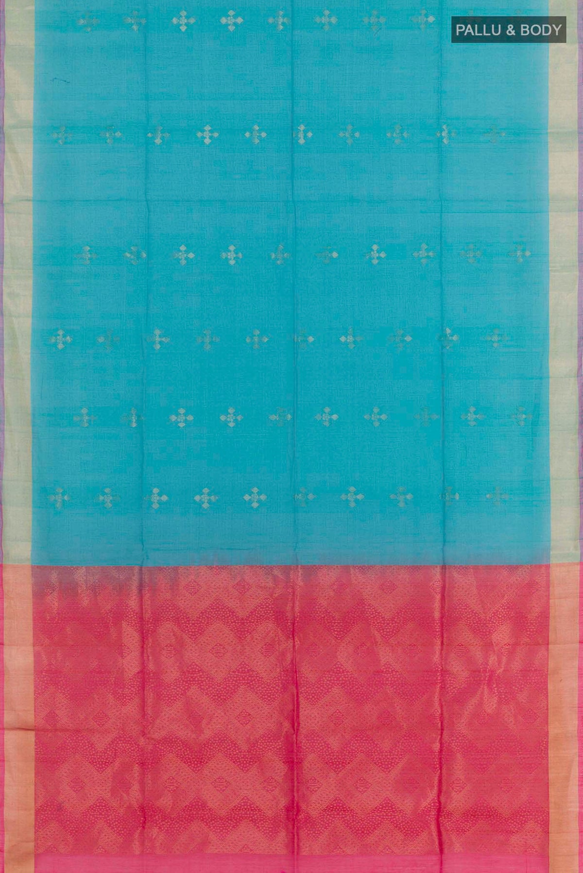Flat view of Blue Blended Chanderi Kora Silk Saree with Zari Butta on the body and Zari Border. 