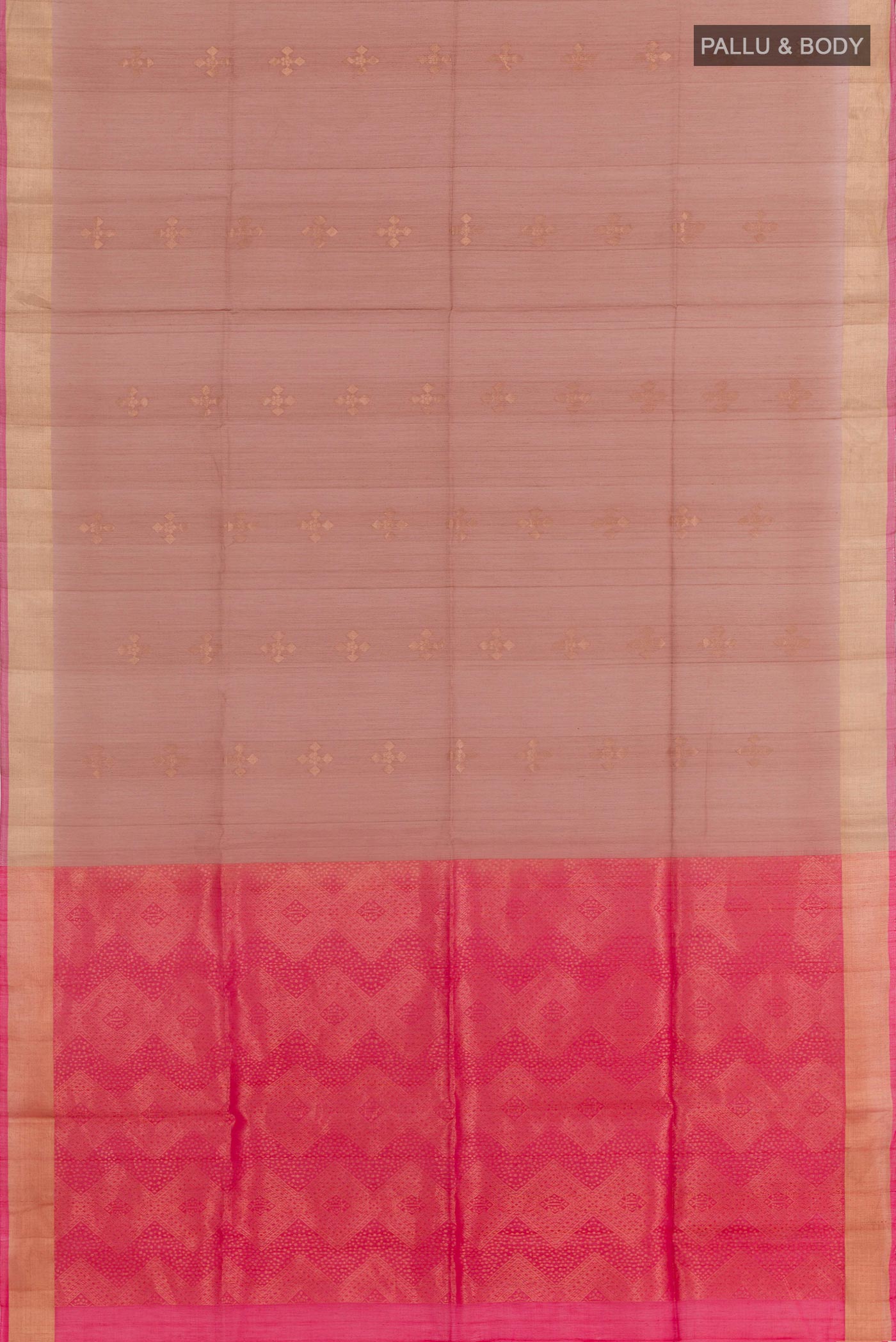 Flat view of Brown Blended Kora Cotton Saree with Zari Butta on the body and Zari Border. 