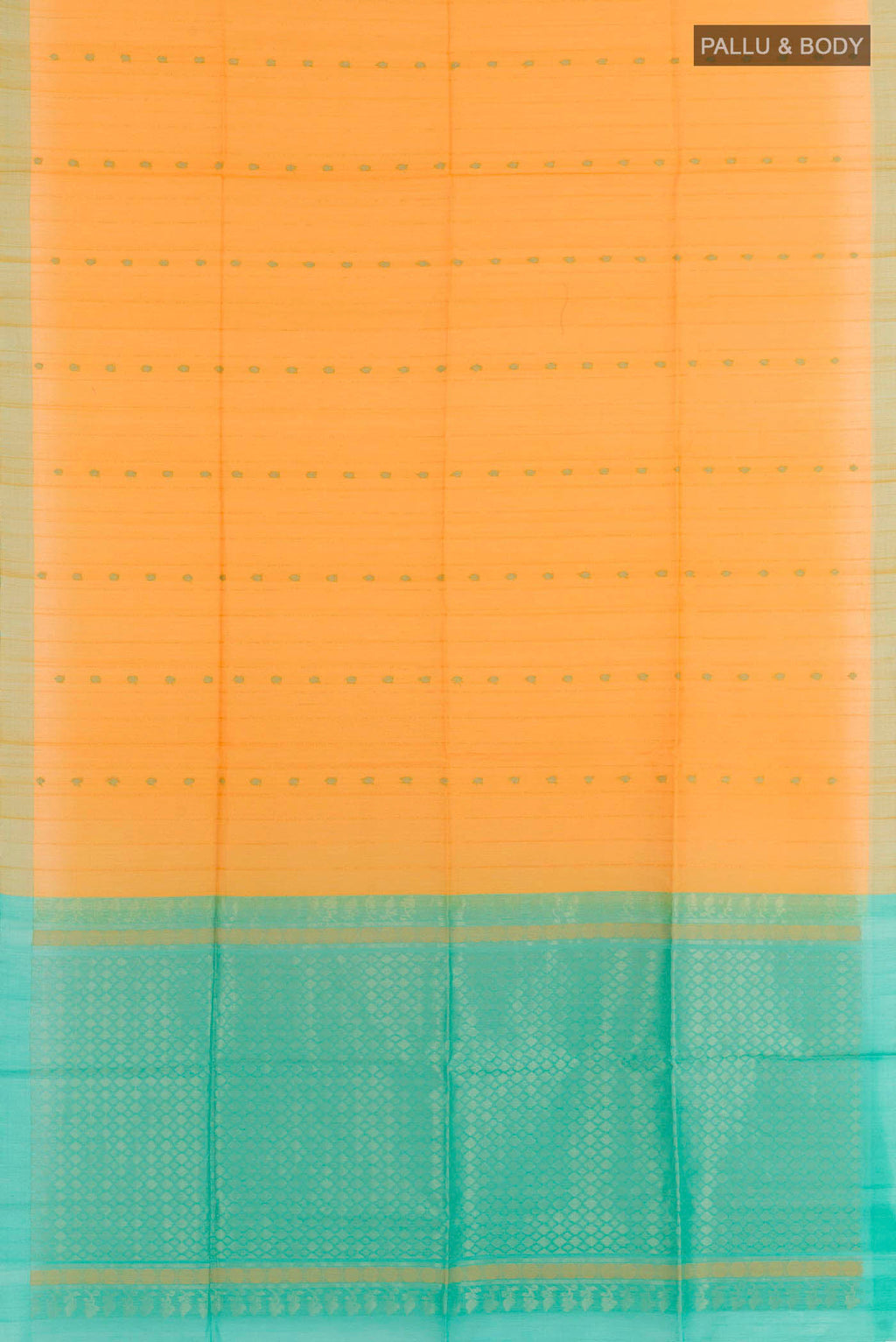 Flat view of Yellow Blended Kora Cotton Saree with Zari Butta on the body and Zari Border. 