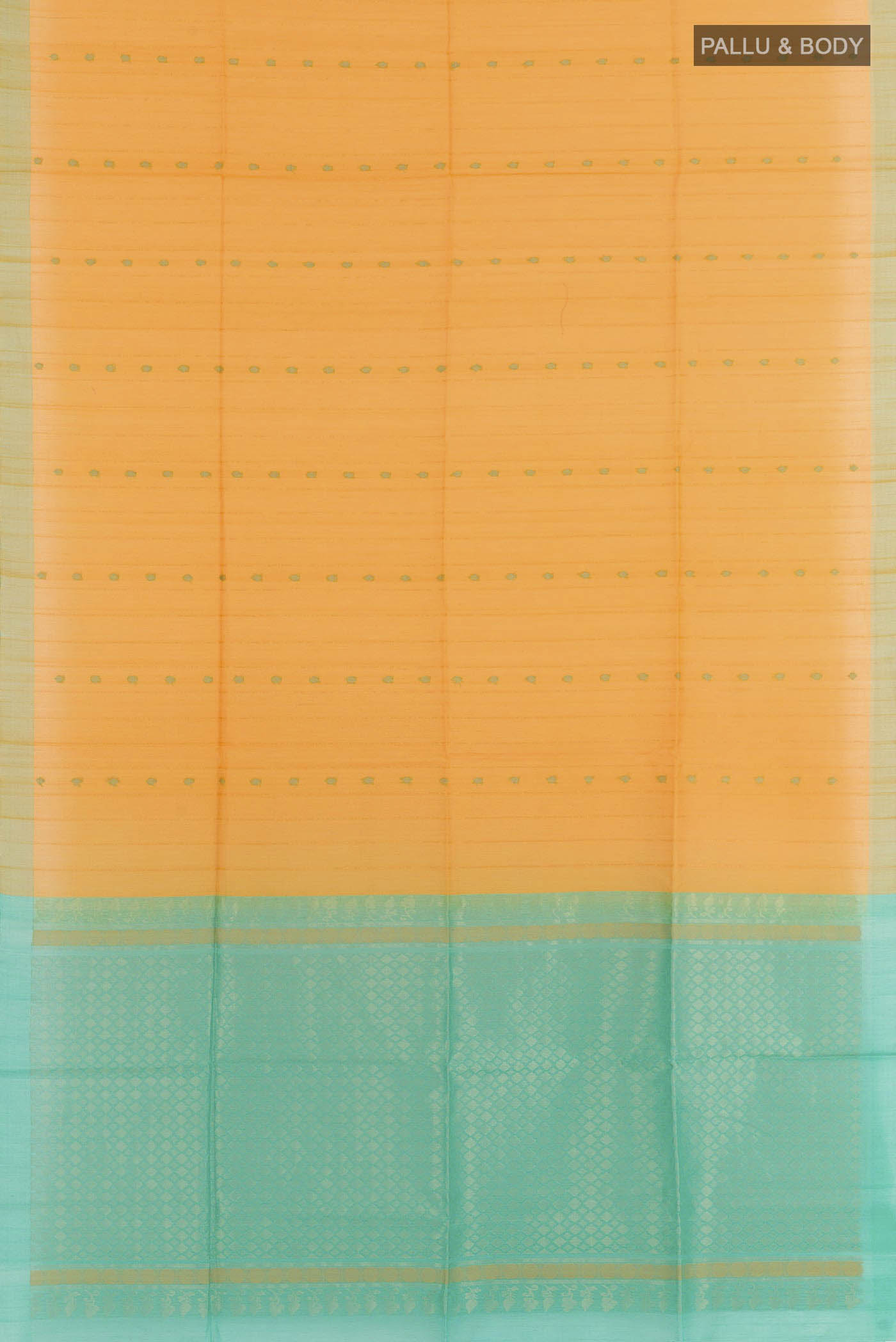 Flat view of Yellow Blended Kora Cotton Saree with Zari Butta on the body and Zari Border. 