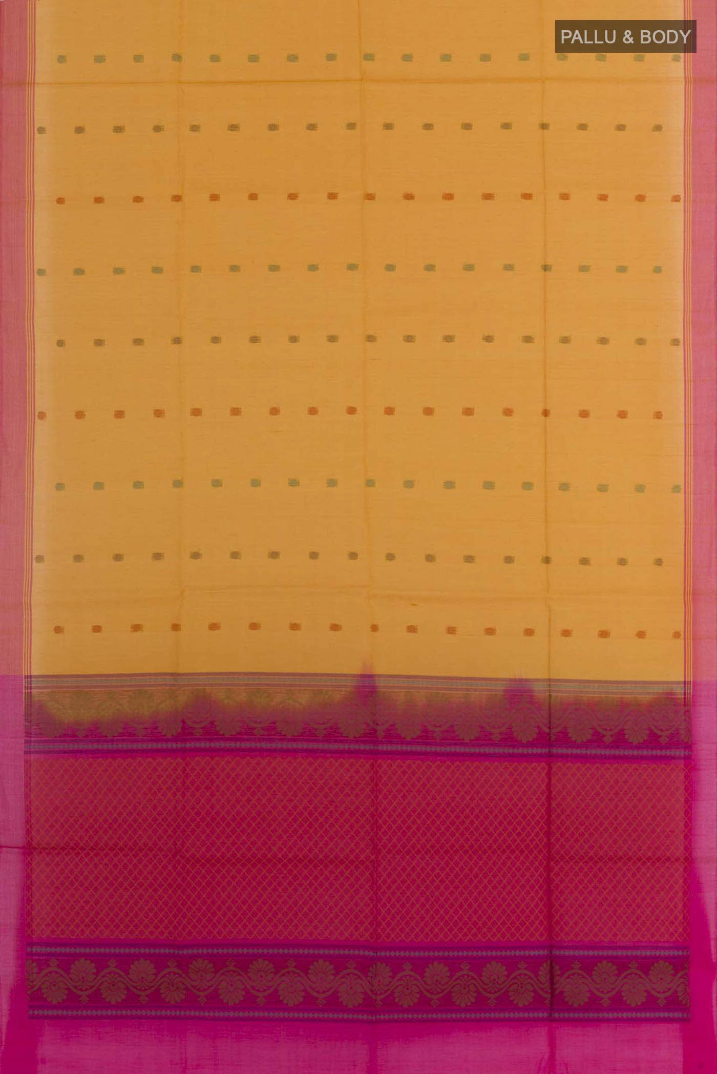 Flat view of Yellow Blended Kora Cotton Saree with Thread Butta on the body and Zari Border. 