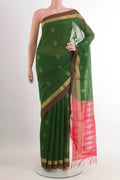 Green Dual Tone Blended Kora Cotton Saree with Zari Butta on the body and Zari Border.  displayed on a mannequin