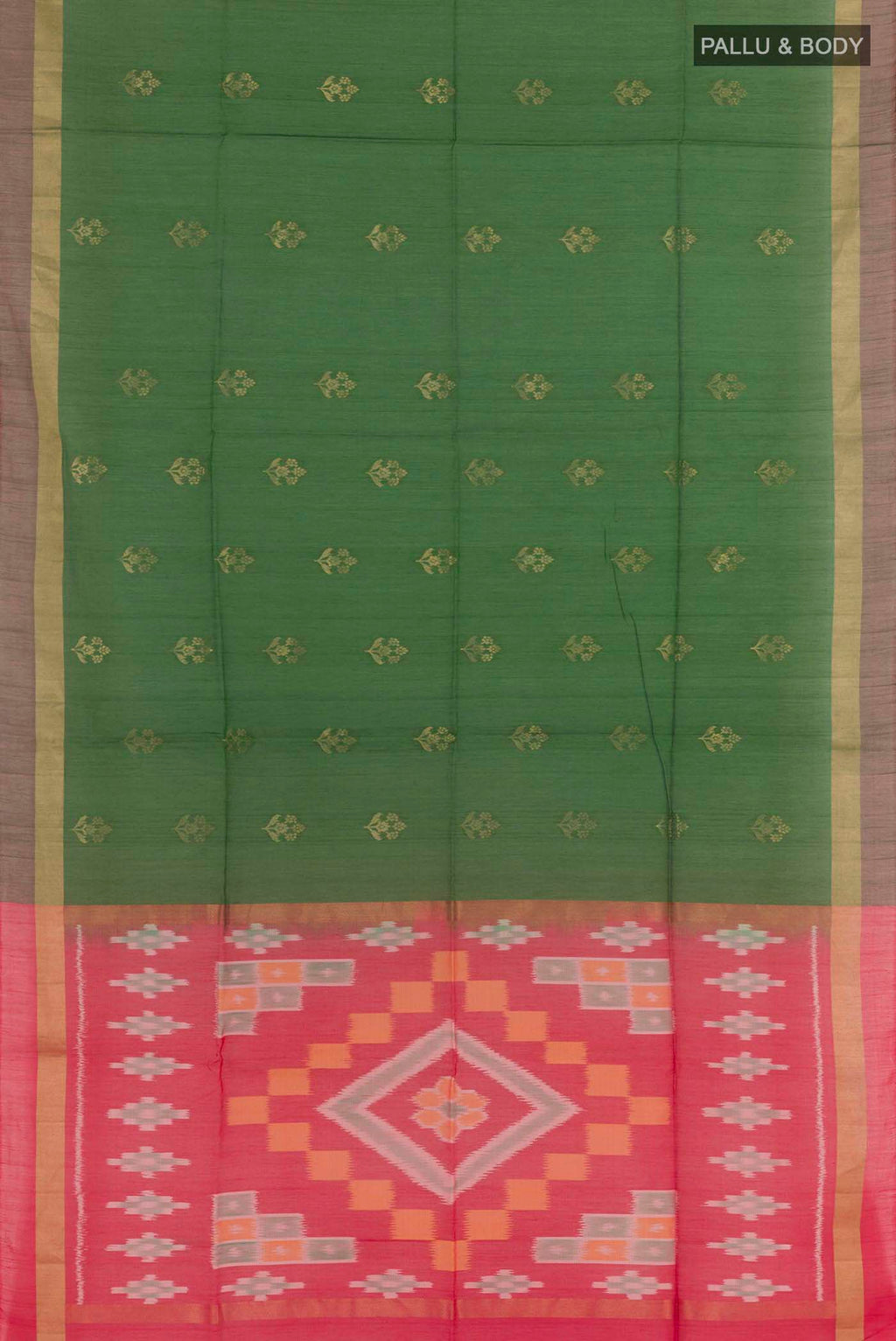 Flat view of Green Dual Tone Blended Kora Cotton Saree with Zari Butta on the body and Zari Border. 
