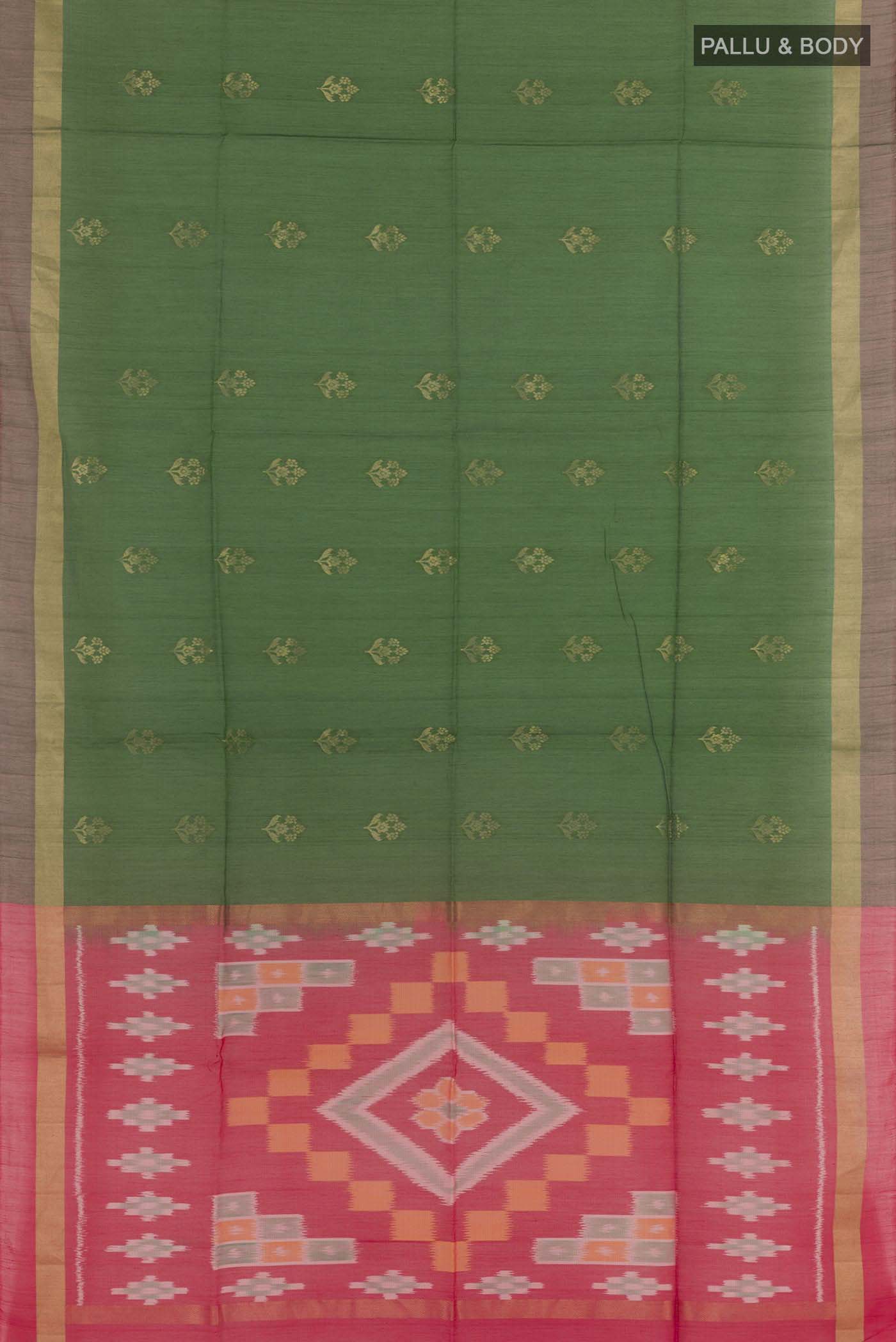 Flat view of Green Dual Tone Blended Kora Cotton Saree with Zari Butta on the body and Zari Border. 