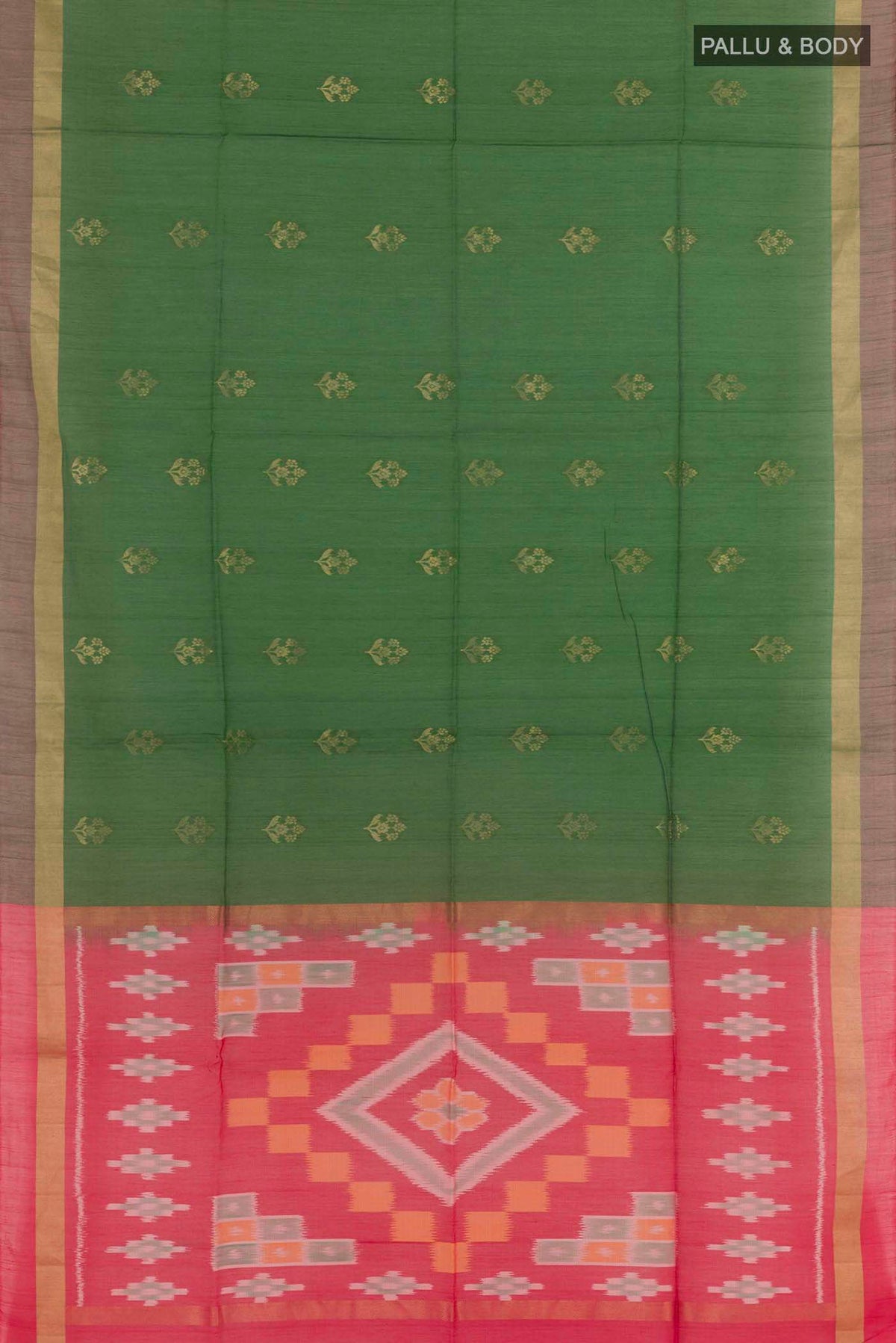 Flat view of Green Dual Tone Blended Kora Cotton Saree with Zari Butta on the body and Zari Border. 