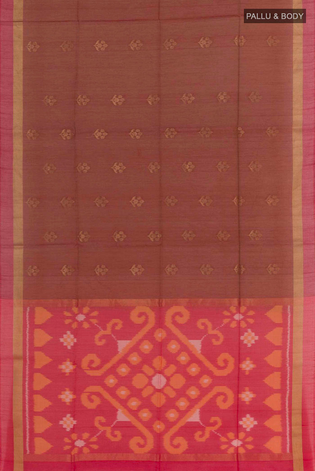 Flat view of Maroon Blended Kora Cotton Saree with Zari Butta on the body and Zari Border. 