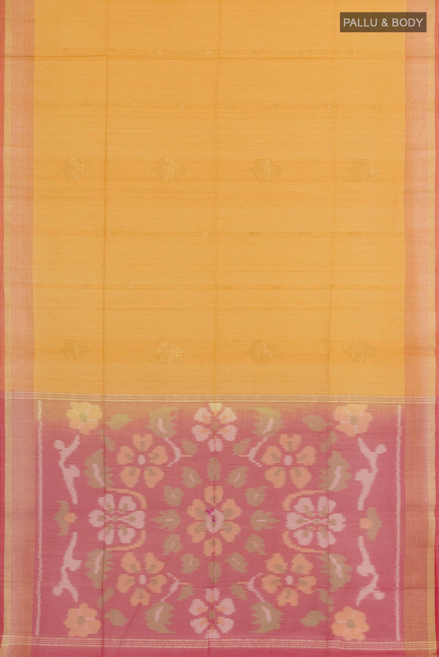Flat view of Mustard Blended Kota Cotton Saree with Zari Butta on the body and Zari Border. 