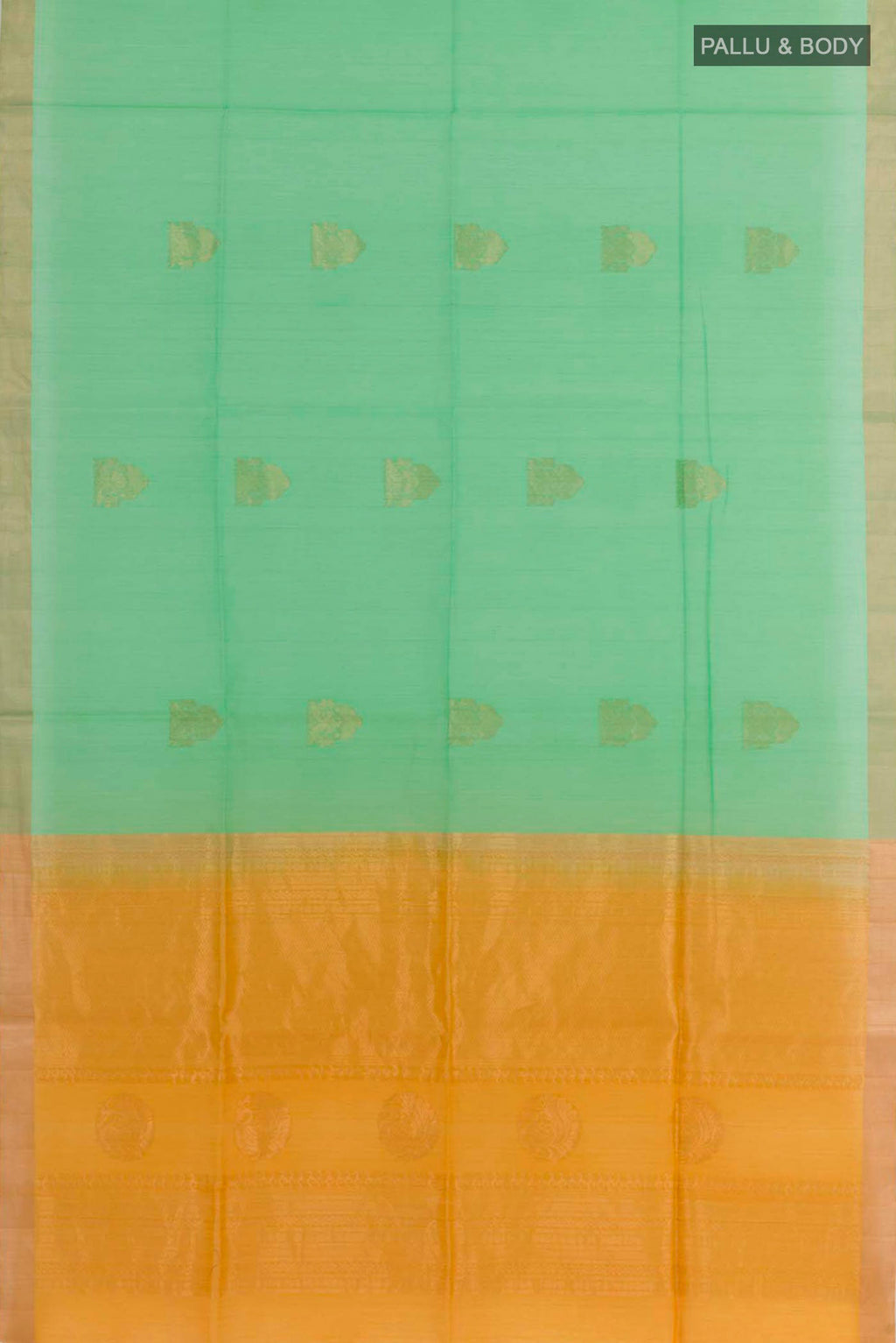 Flat view of Green Blended Kora Cotton Saree with Zari Butta on the body and Zari Border. 