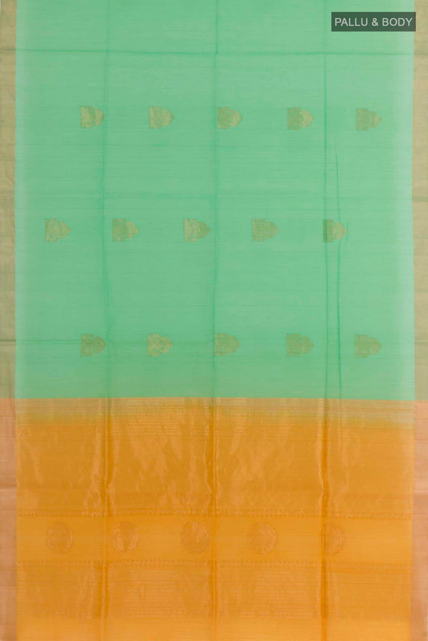 Flat view of Green Blended Kora Cotton Saree with Zari Butta on the body and Zari Border. 