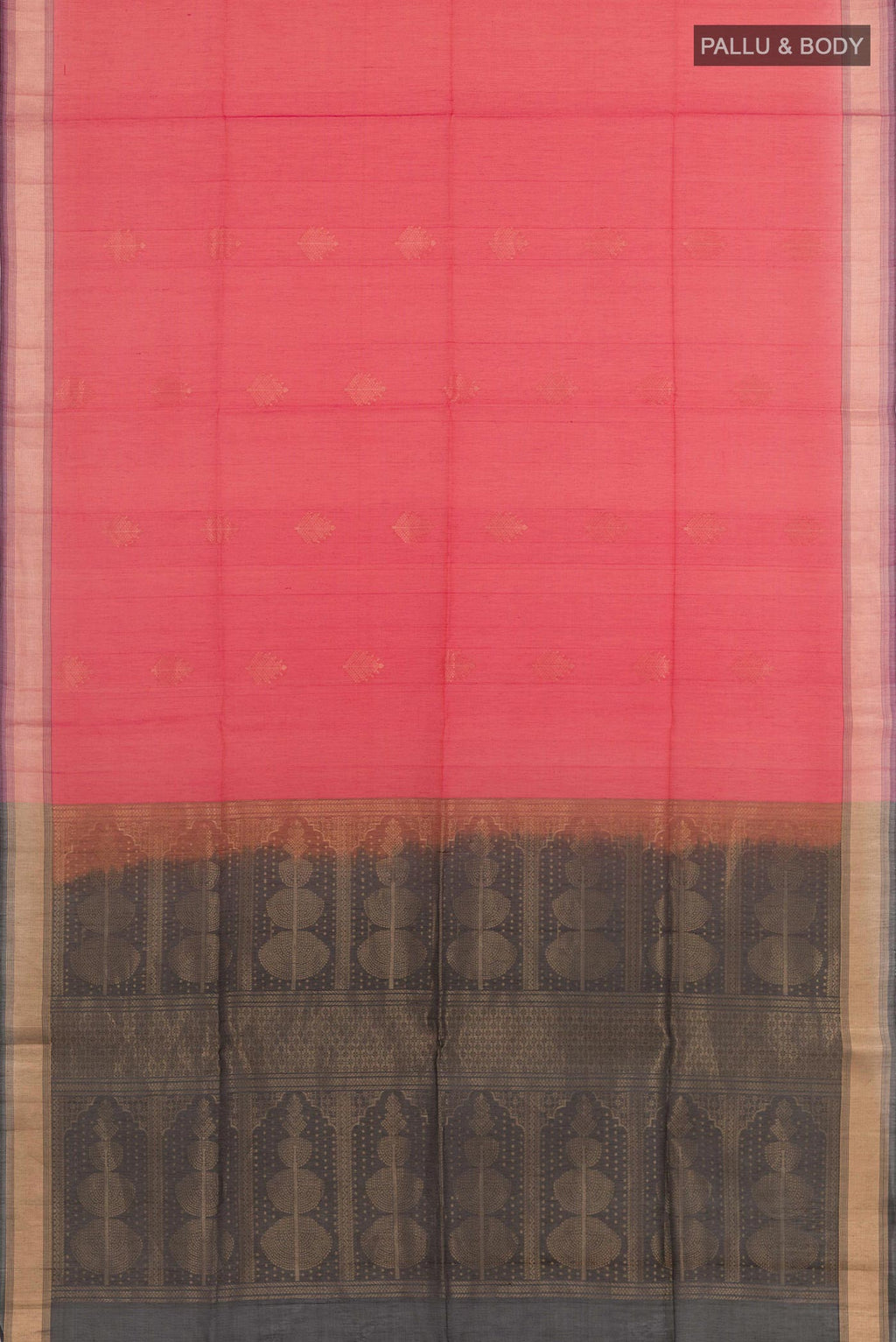 Flat view of Red Blended Kora Cotton Saree with Zari Butta on the body and Zari Border. 