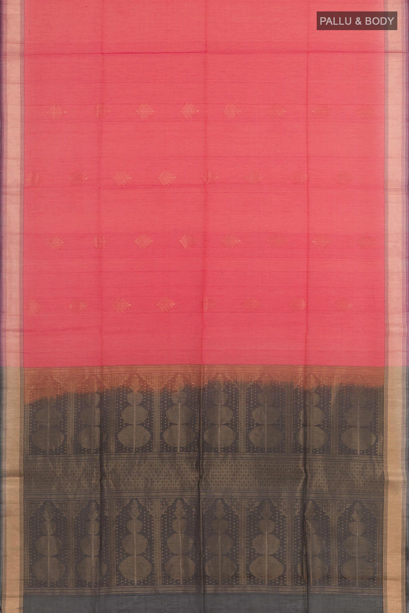 Flat view of Red Blended Kora Cotton Saree with Zari Butta on the body and Zari Border. 