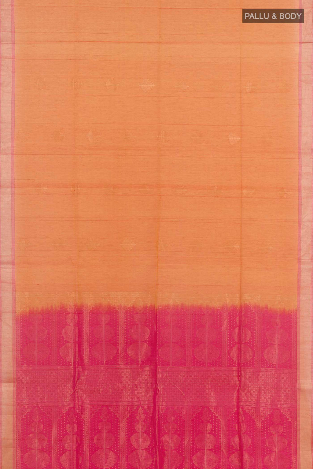 Flat view of Orange Blended Kora Cotton Saree with Zari Butta on the body and Zari Border. 