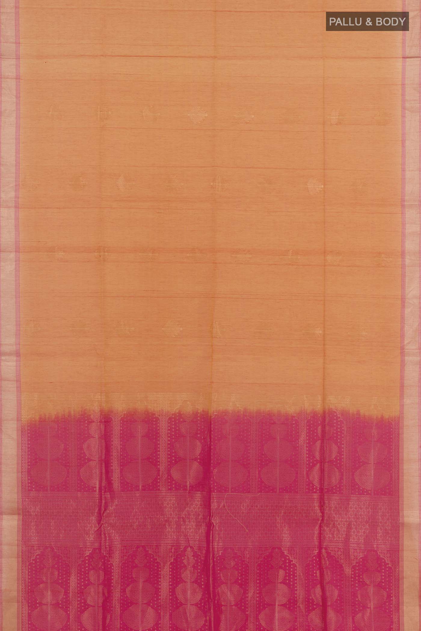 Flat view of Orange Blended Kora Cotton Saree with Zari Butta on the body and Zari Border. 