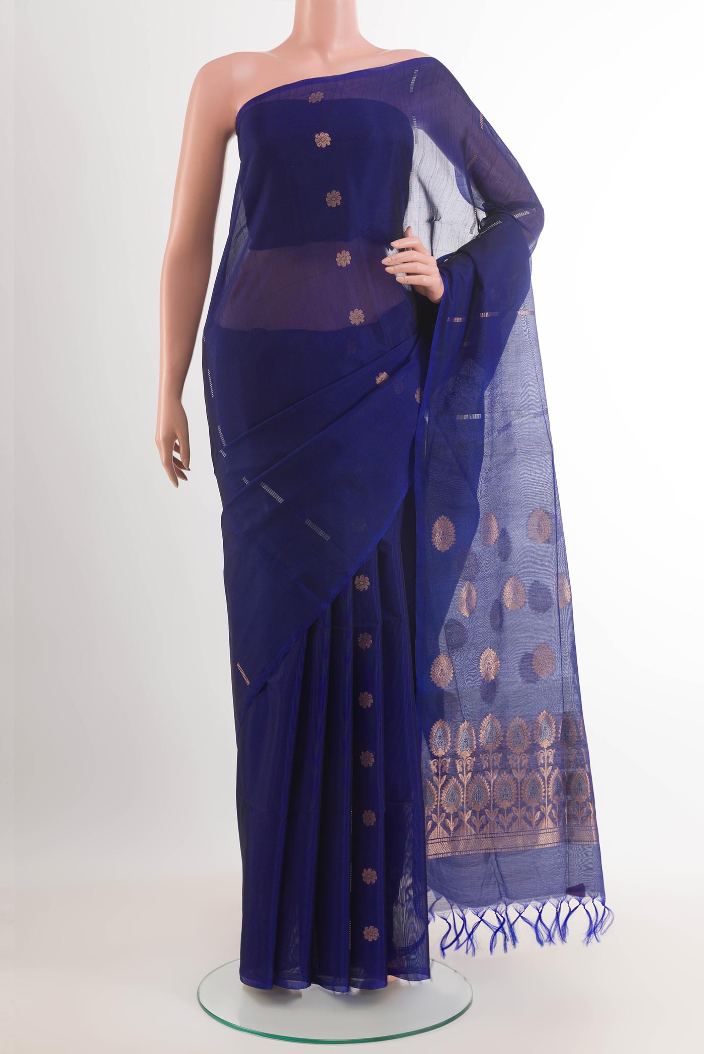 Dark Blue Blended Kora Cotton Saree with Zari Butta on the body and Zari Border.  displayed on a mannequin
