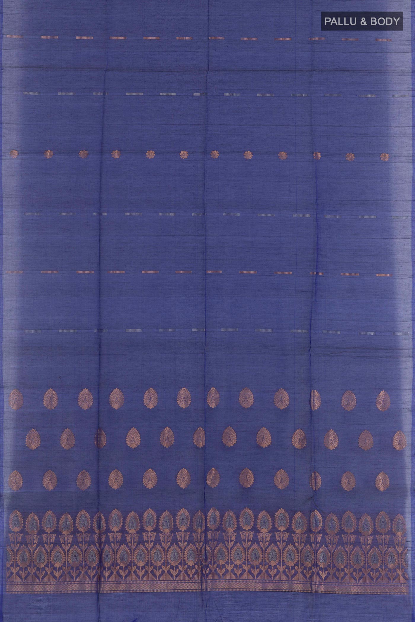 Flat view of Dark Blue Blended Kora Cotton Saree with Zari Butta on the body and Zari Border. 