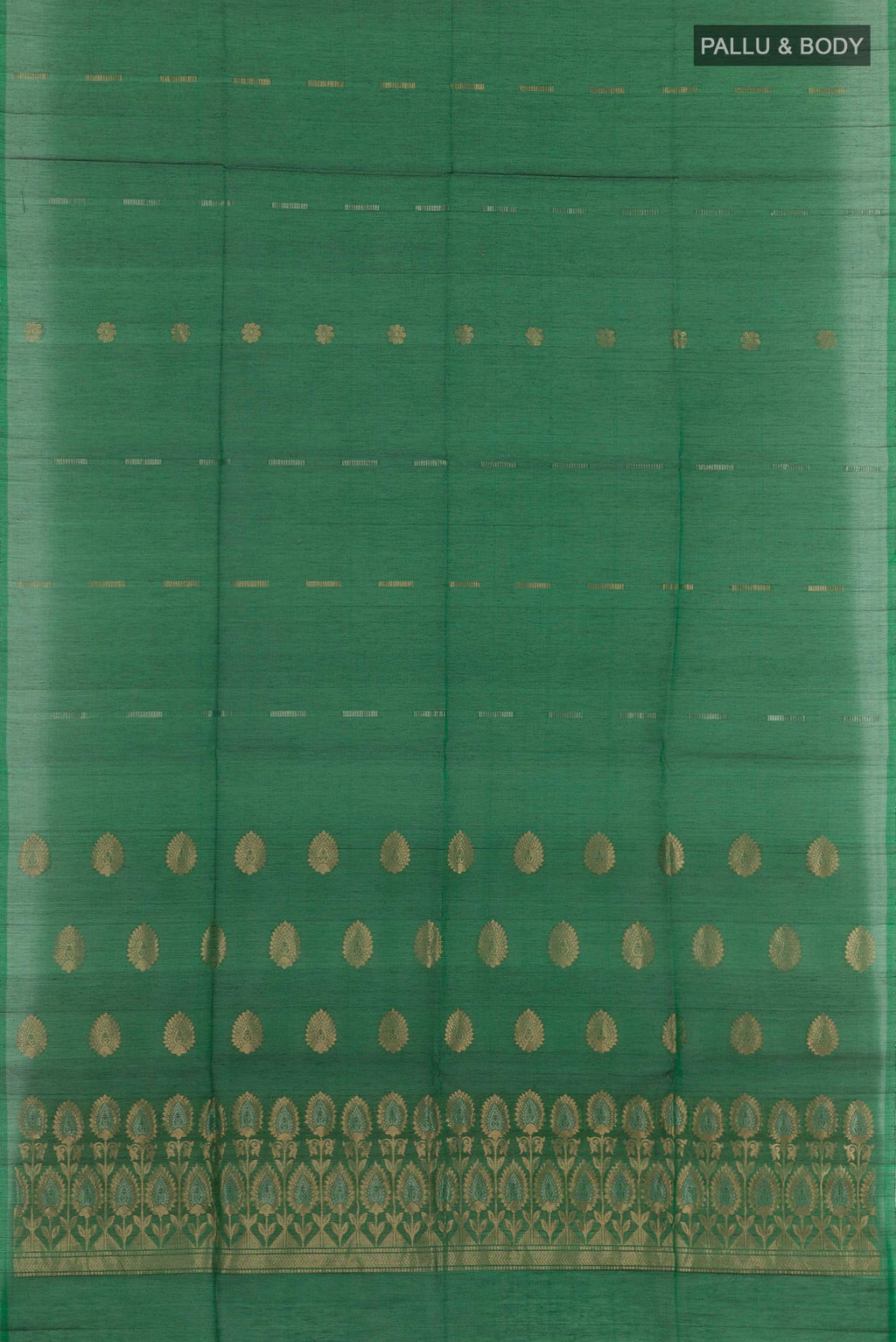 Flat view of Green Blended Kora Cotton Saree with Zari Butta on the body and Zari Border. 