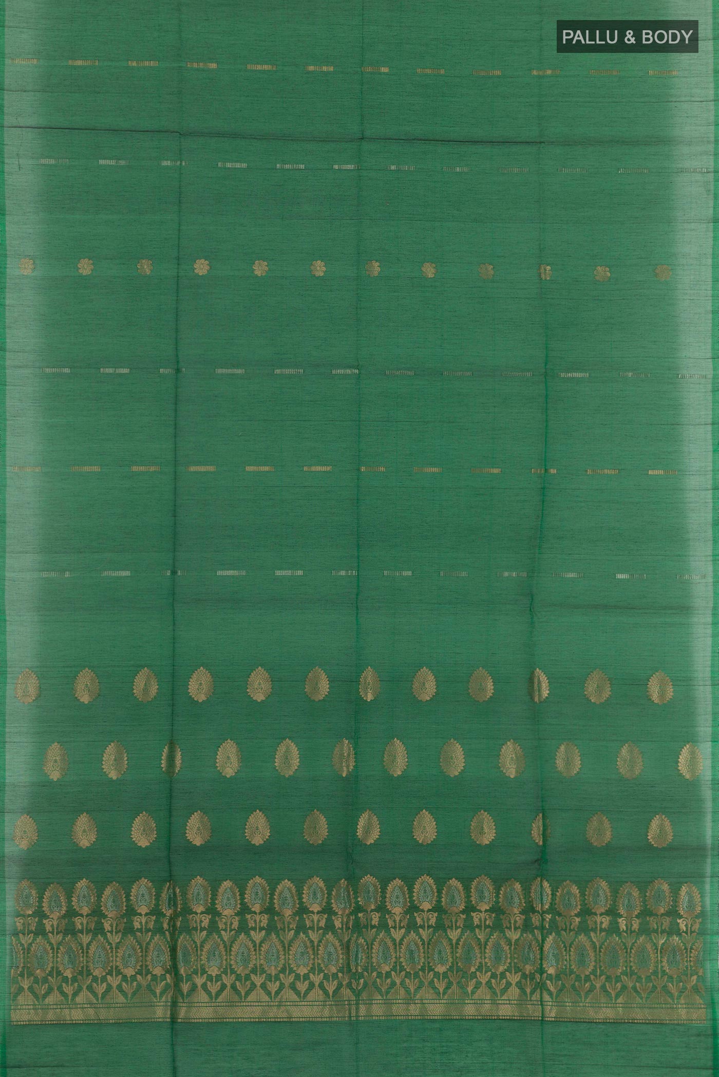 Flat view of Green Blended Kora Cotton Saree with Zari Butta on the body and Zari Border. 