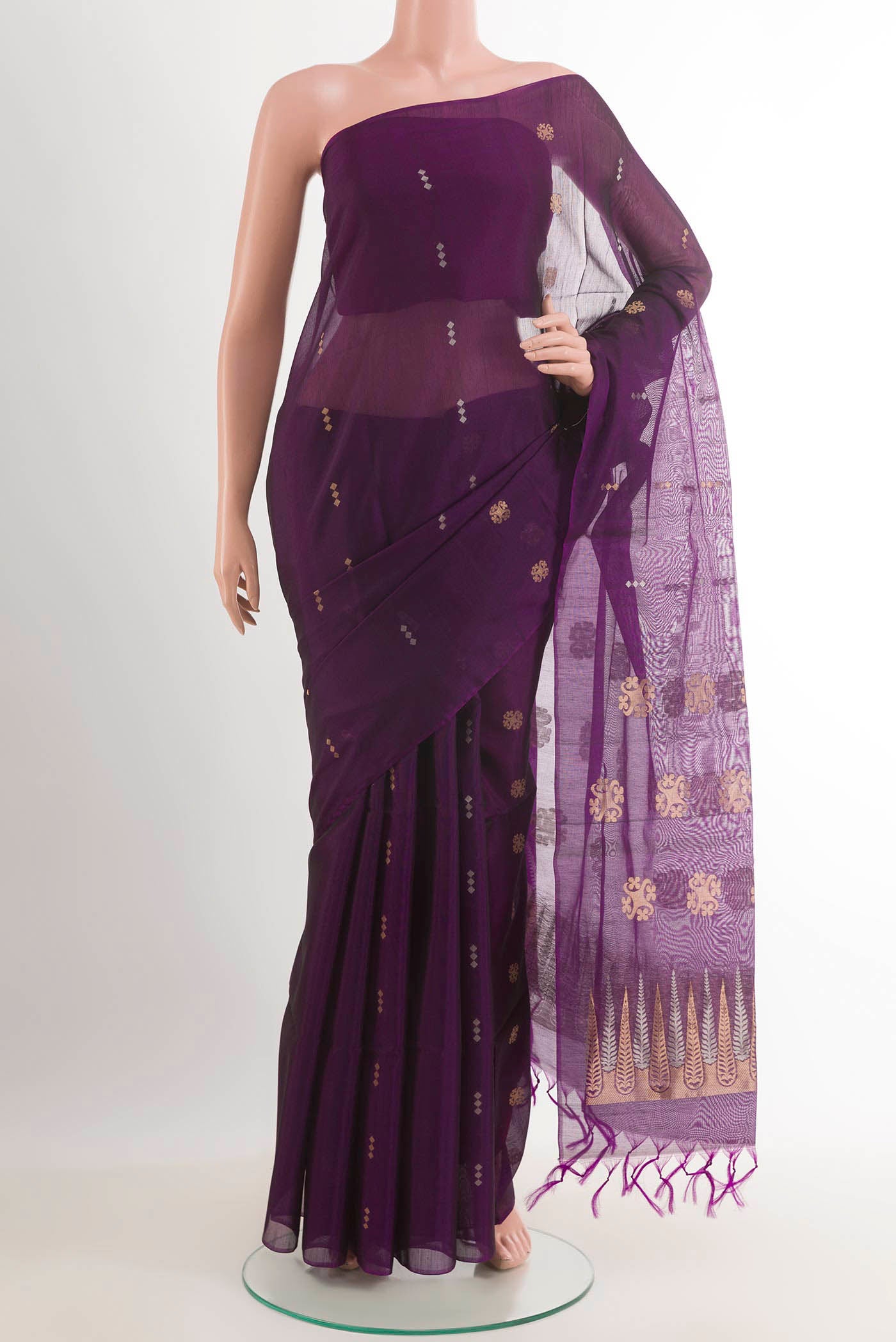 Purple Blended Kota Cotton Saree with Zari Butta on the body and Zari Border.  displayed on a mannequin
