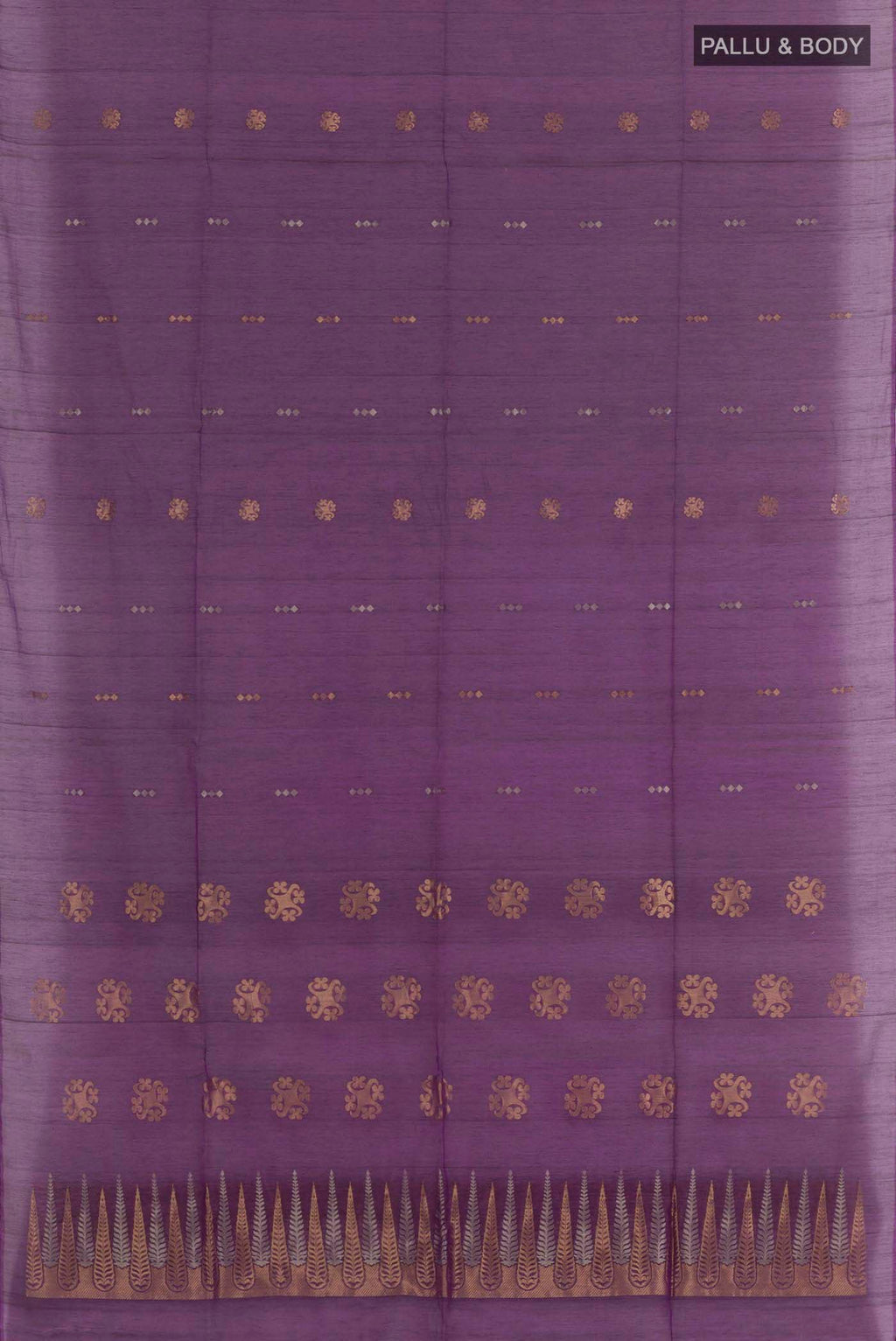 Flat view of Purple Blended Kota Cotton Saree with Zari Butta on the body and Zari Border. 