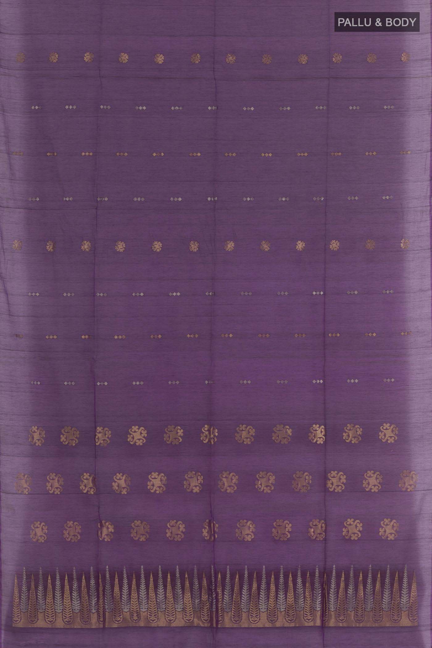 Flat view of Purple Blended Kota Cotton Saree with Zari Butta on the body and Zari Border. 