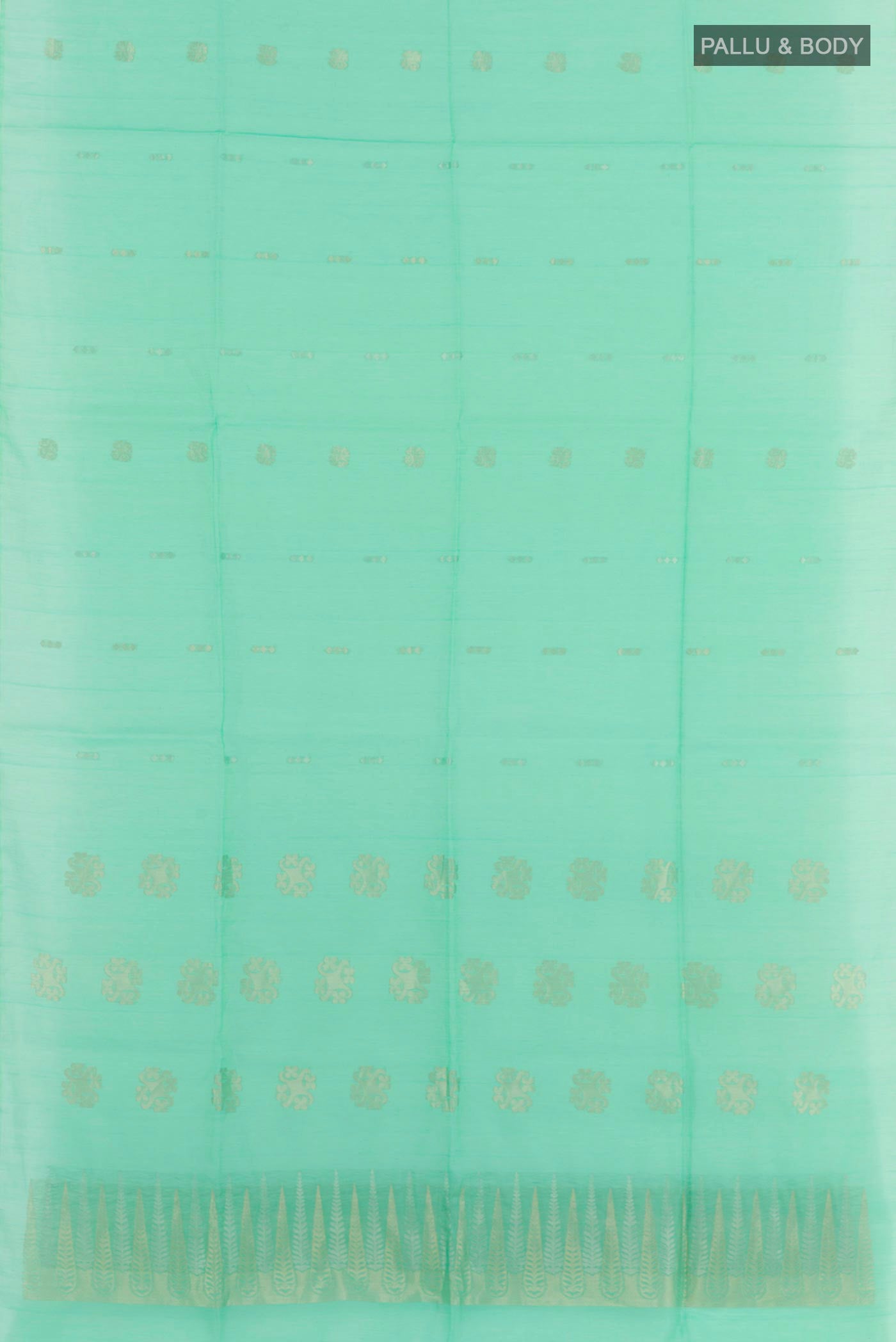 Flat view of Sea Green Blended Kota Cotton Saree with Zari Butta on the body and Zari Border. 