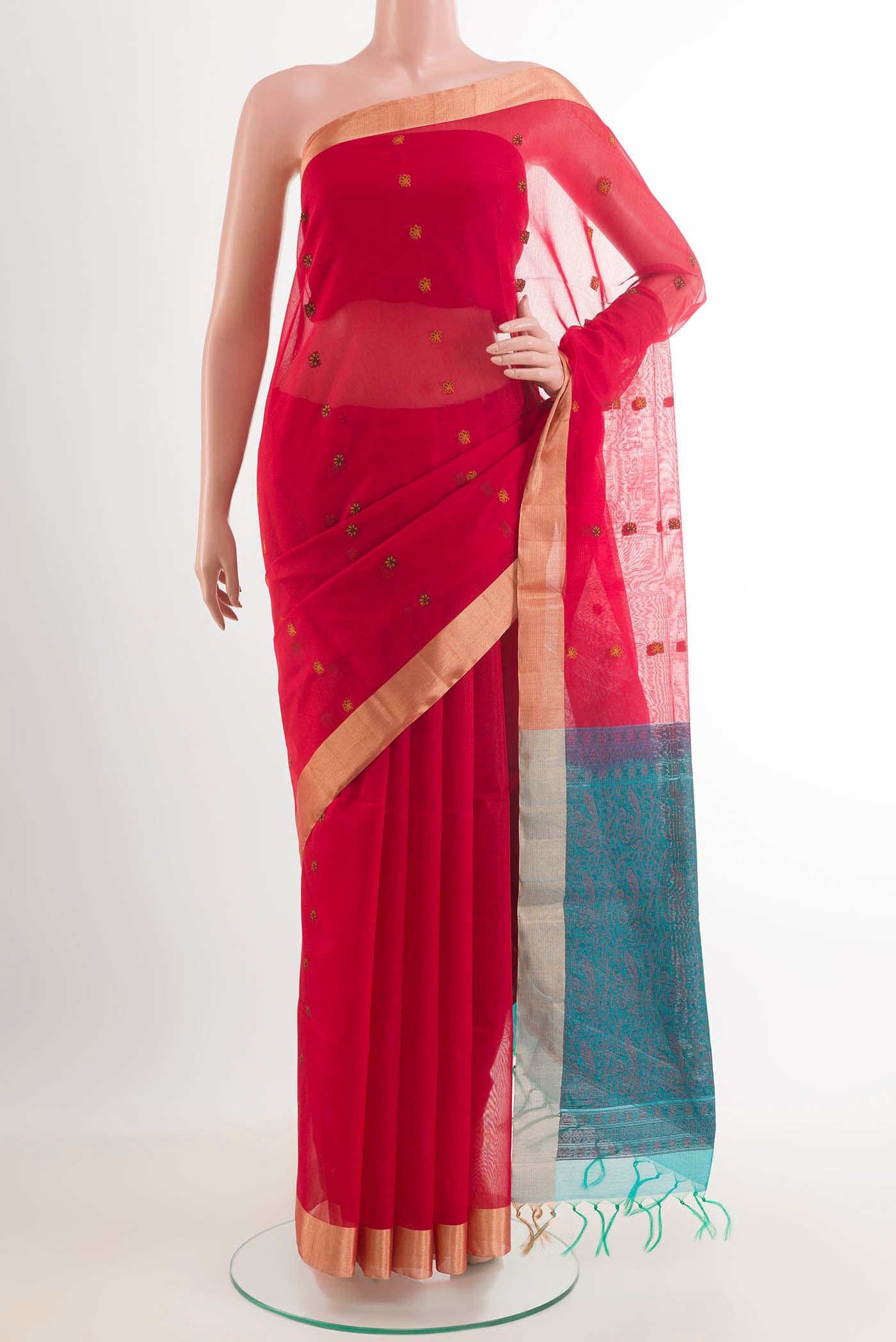 Red Blended Kota Cotton Saree with Zari Butta on the body and Zari Border.  displayed on a mannequin
