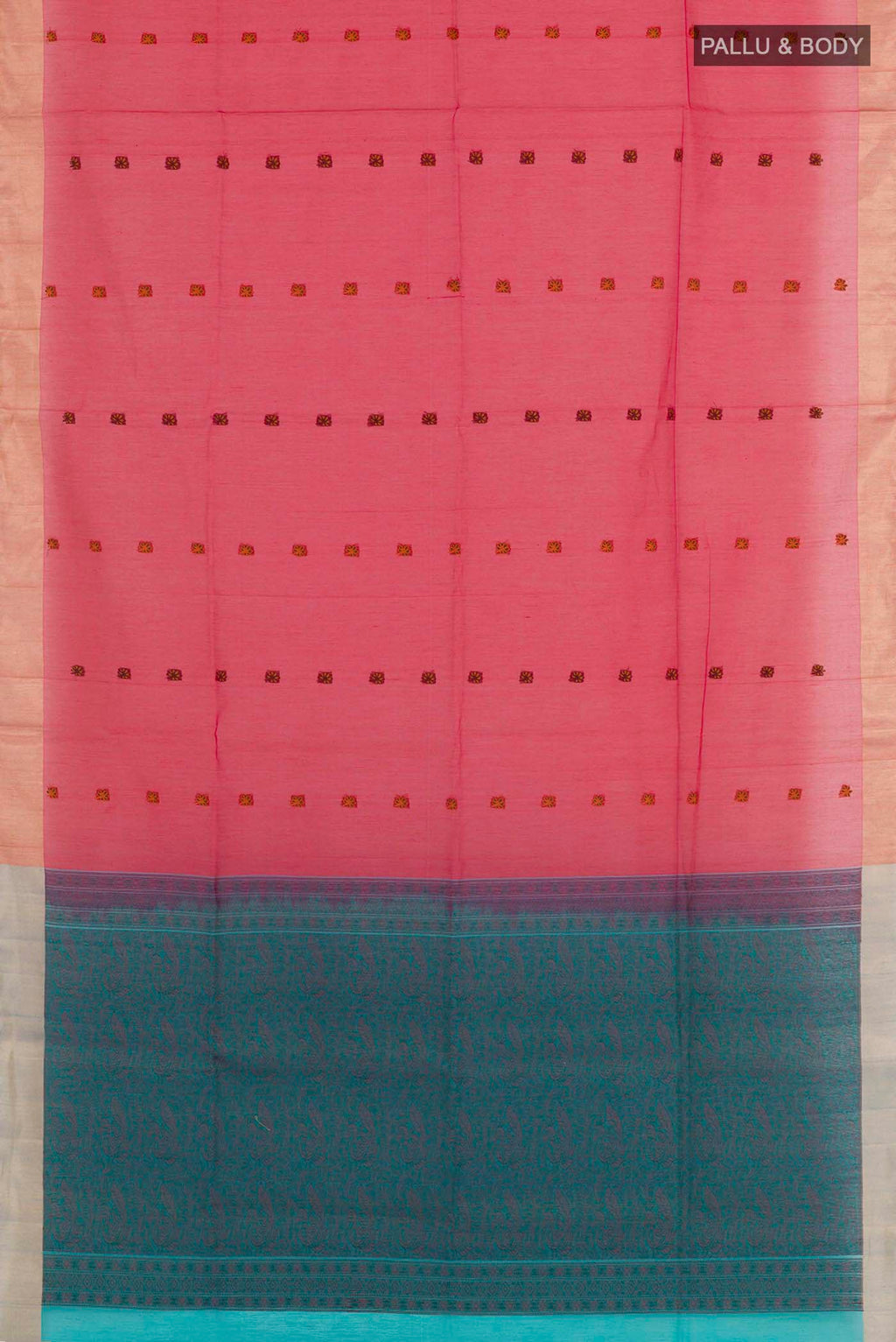 Flat view of Red Blended Kota Cotton Saree with Zari Butta on the body and Zari Border. 