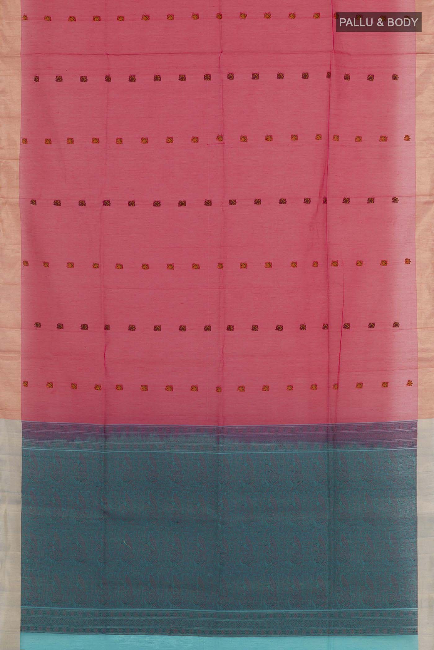 Flat view of Red Blended Kota Cotton Saree with Zari Butta on the body and Zari Border. 