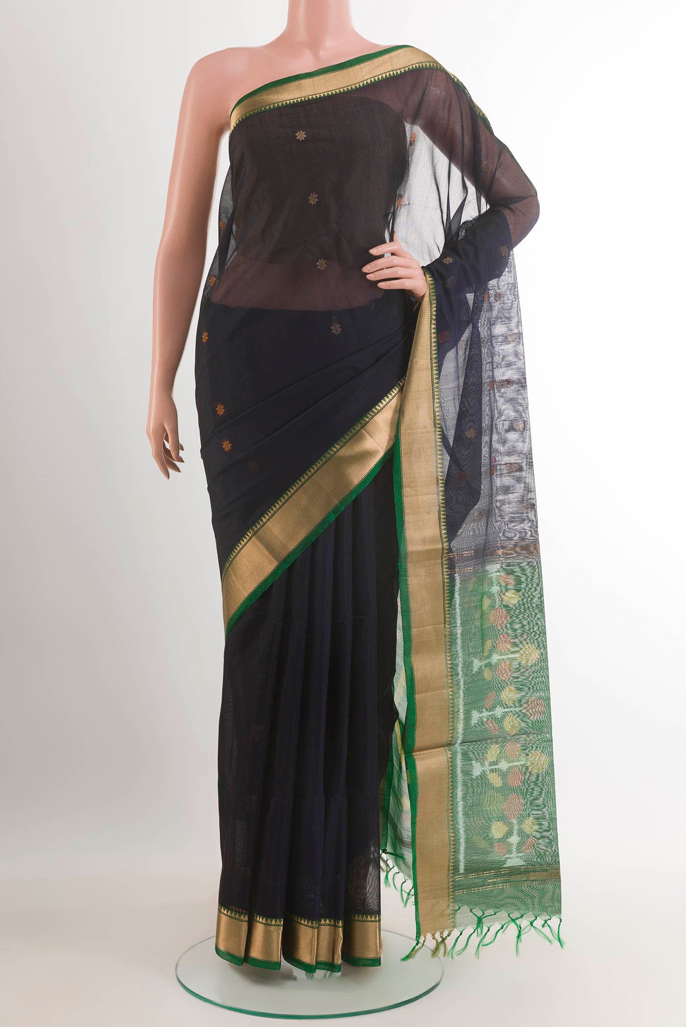 Dark Blue Blended Kora Cotton Saree with Zari Butta on the body and Zari Border.  displayed on a mannequin