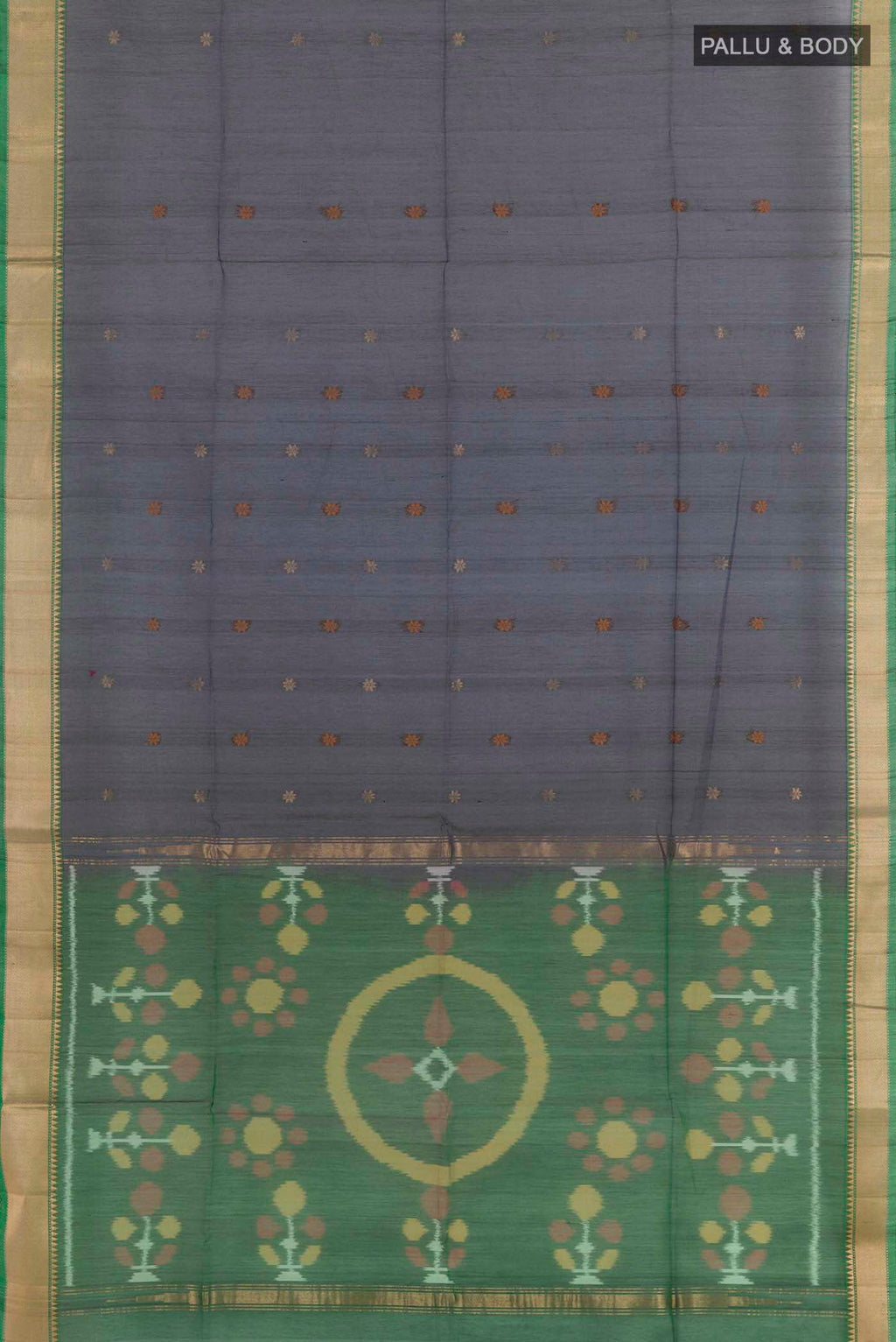 Flat view of Dark Blue Blended Kora Cotton Saree with Zari Butta on the body and Zari Border. 