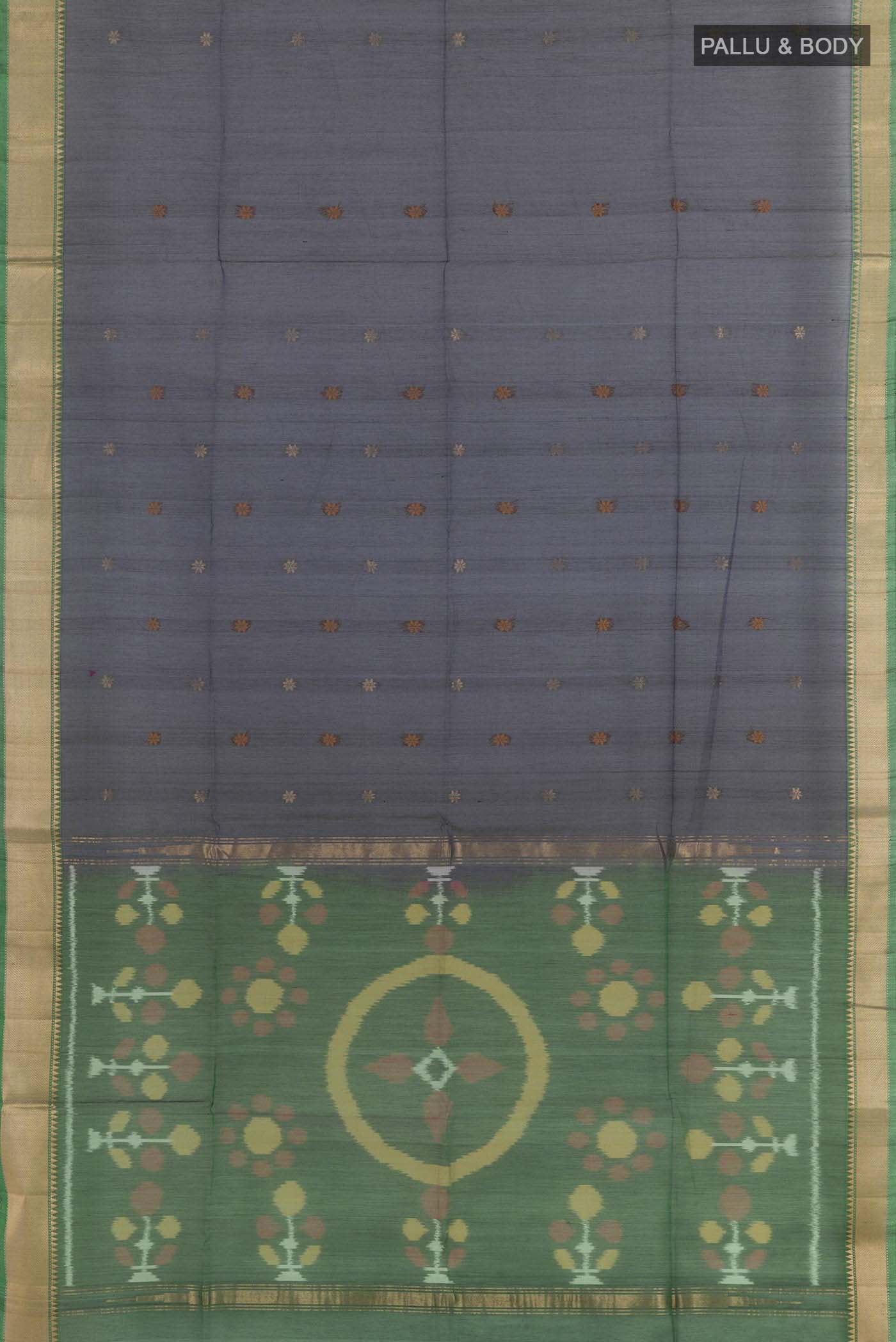 Flat view of Dark Blue Blended Kora Cotton Saree with Zari Butta on the body and Zari Border. 