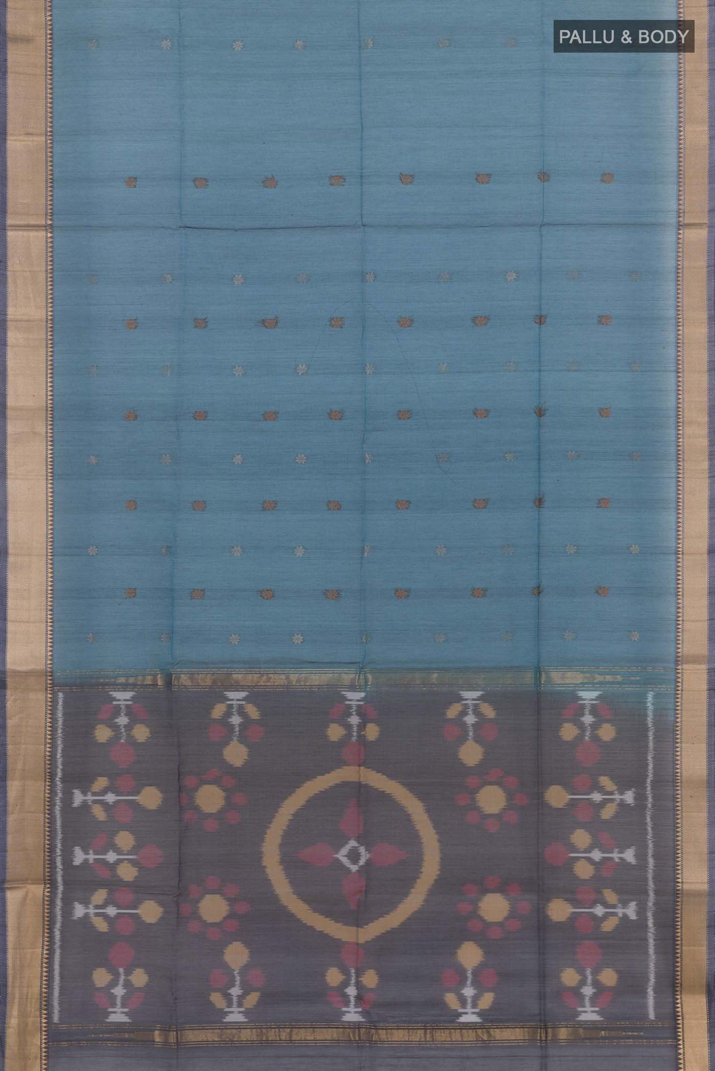 Flat view of Blue Blended Chanderi Kora Silk Saree with Zari And Thread Butta on the body and Zari Border. 