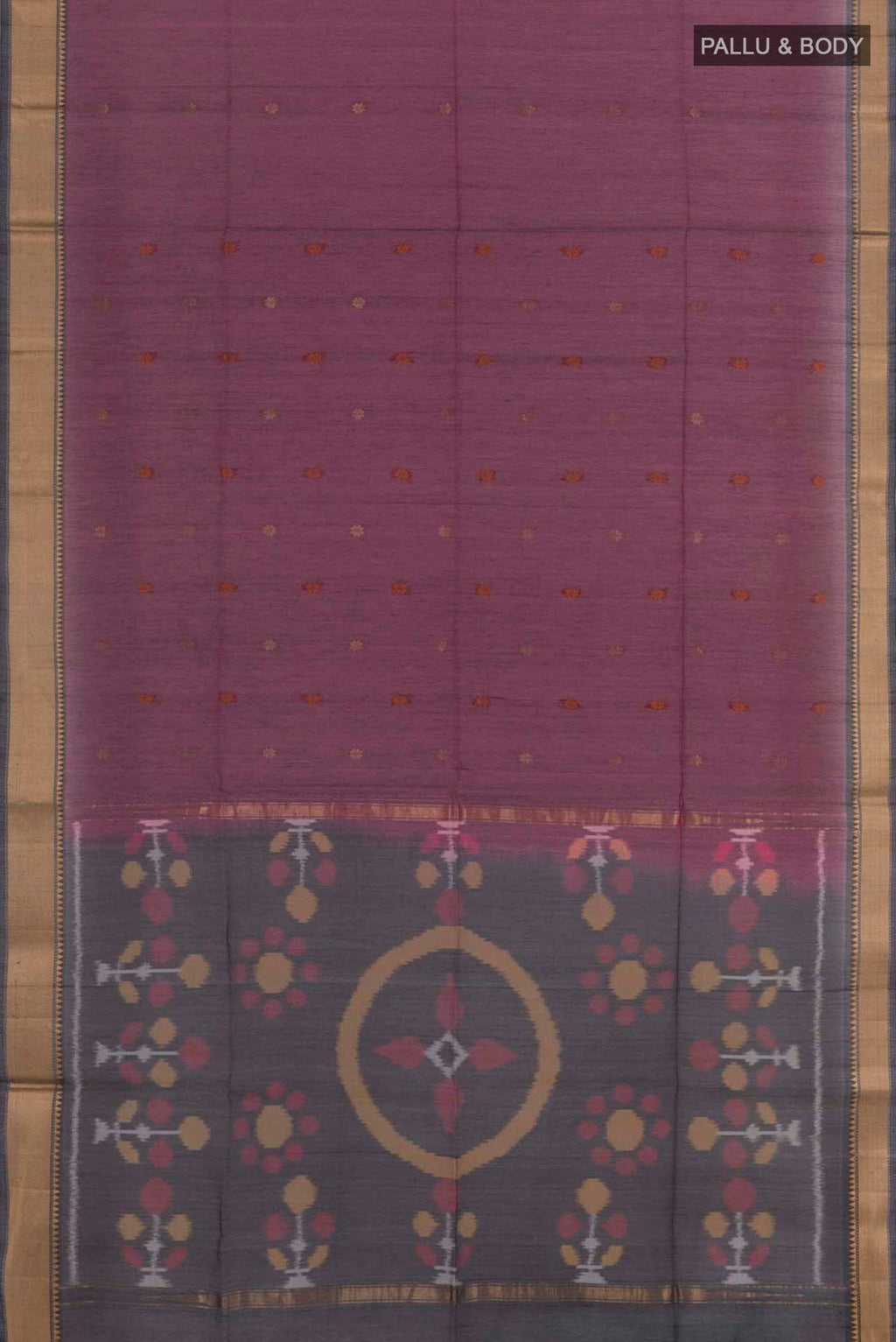 Flat view of Purple Blended Kora Cotton Saree with Zari Butta on the body and Zari Border. 
