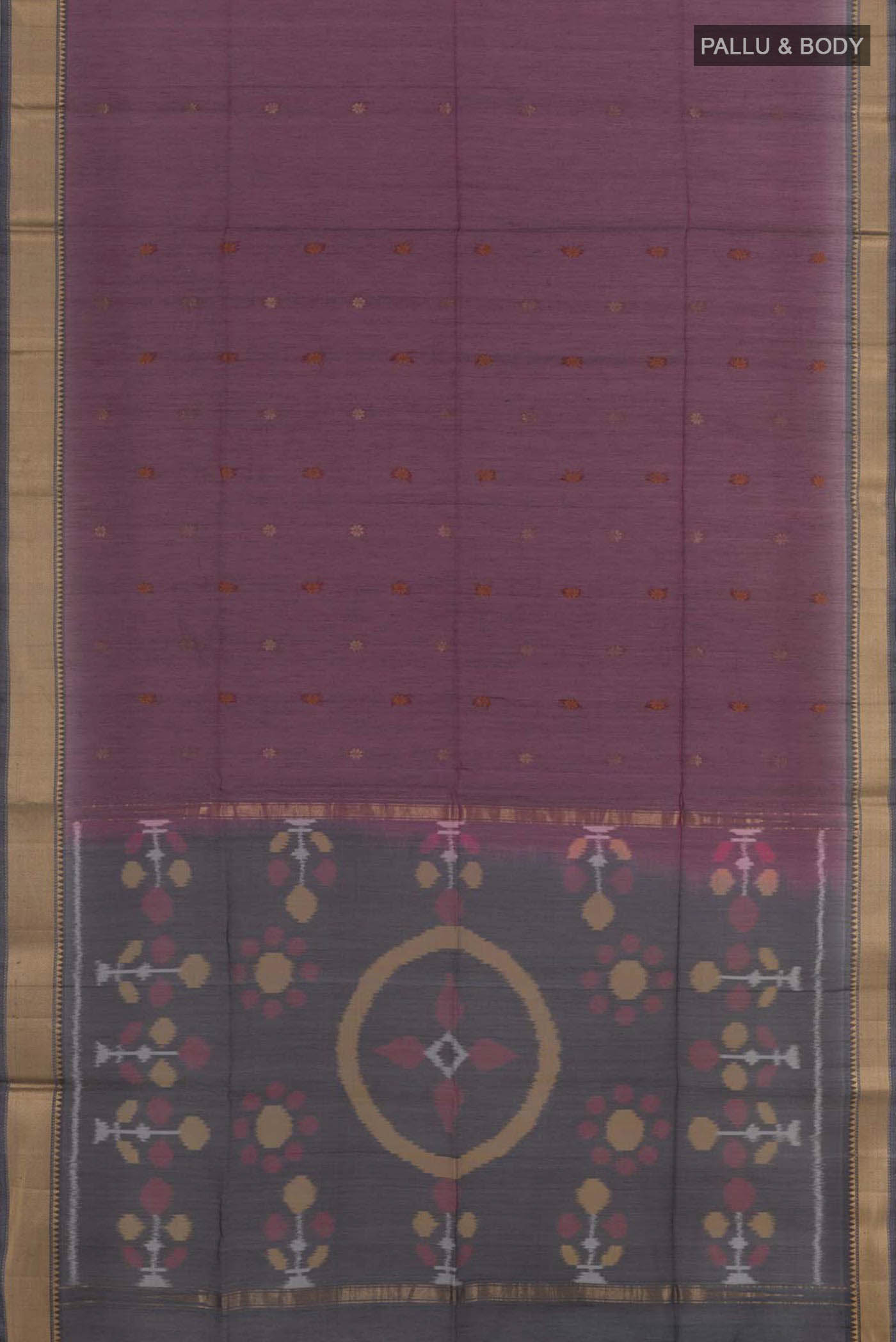 Flat view of Purple Blended Kora Cotton Saree with Zari Butta on the body and Zari Border. 