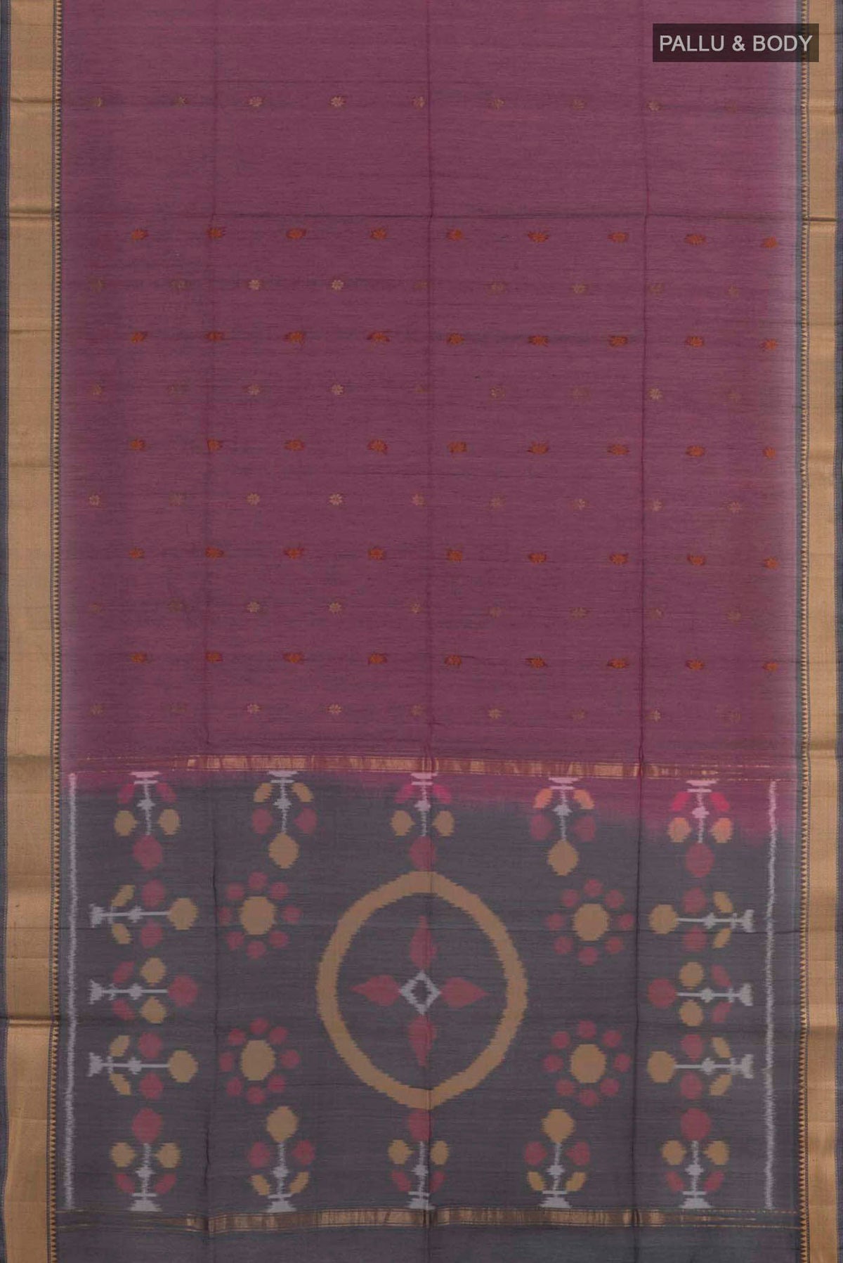 Flat view of Purple Blended Kora Cotton Saree with Zari Butta on the body and Zari Border. 