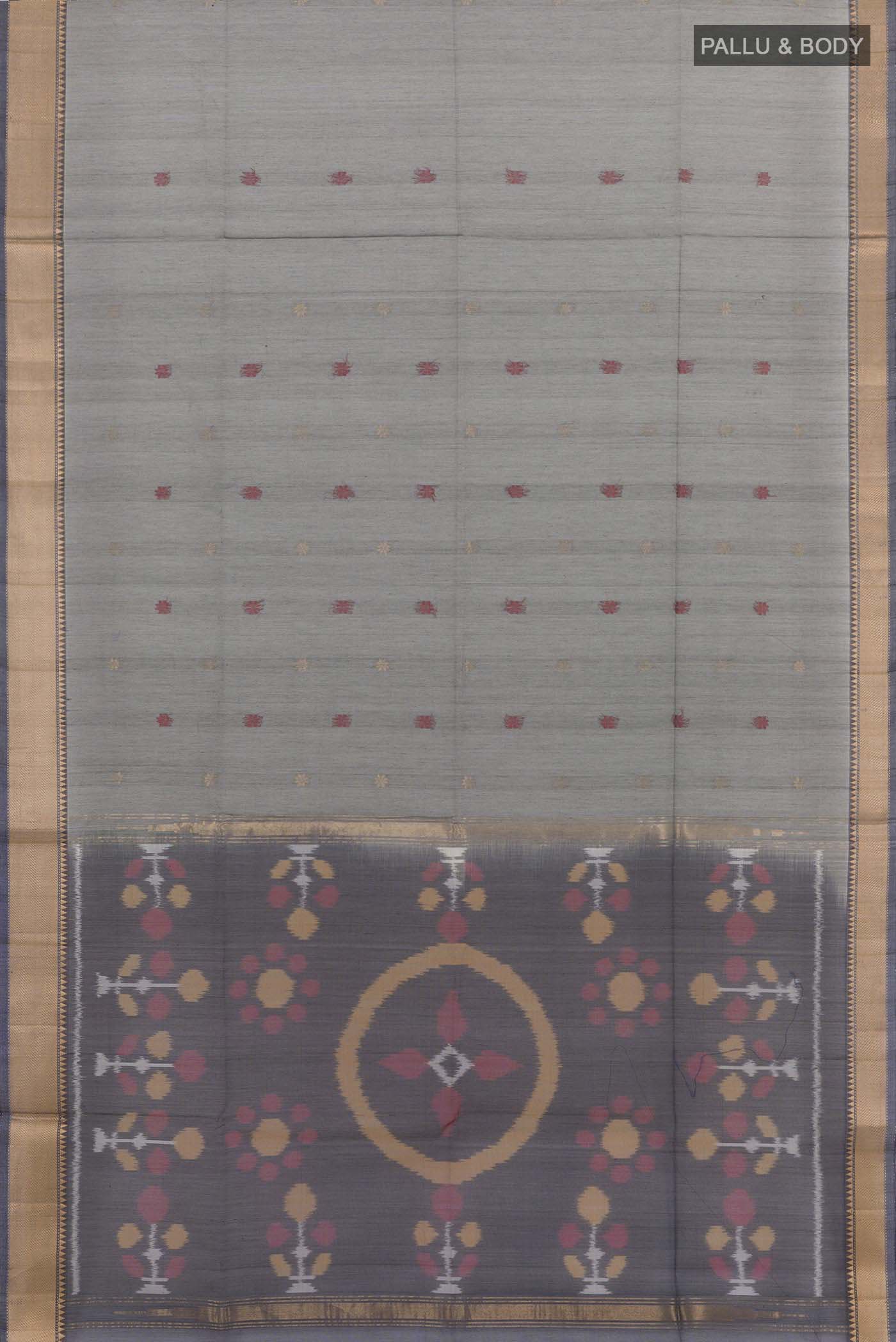 Flat view of Grey Blended Chanderi Kora Silk Saree with Zari And Thread Butta on the body and Zari Border. 