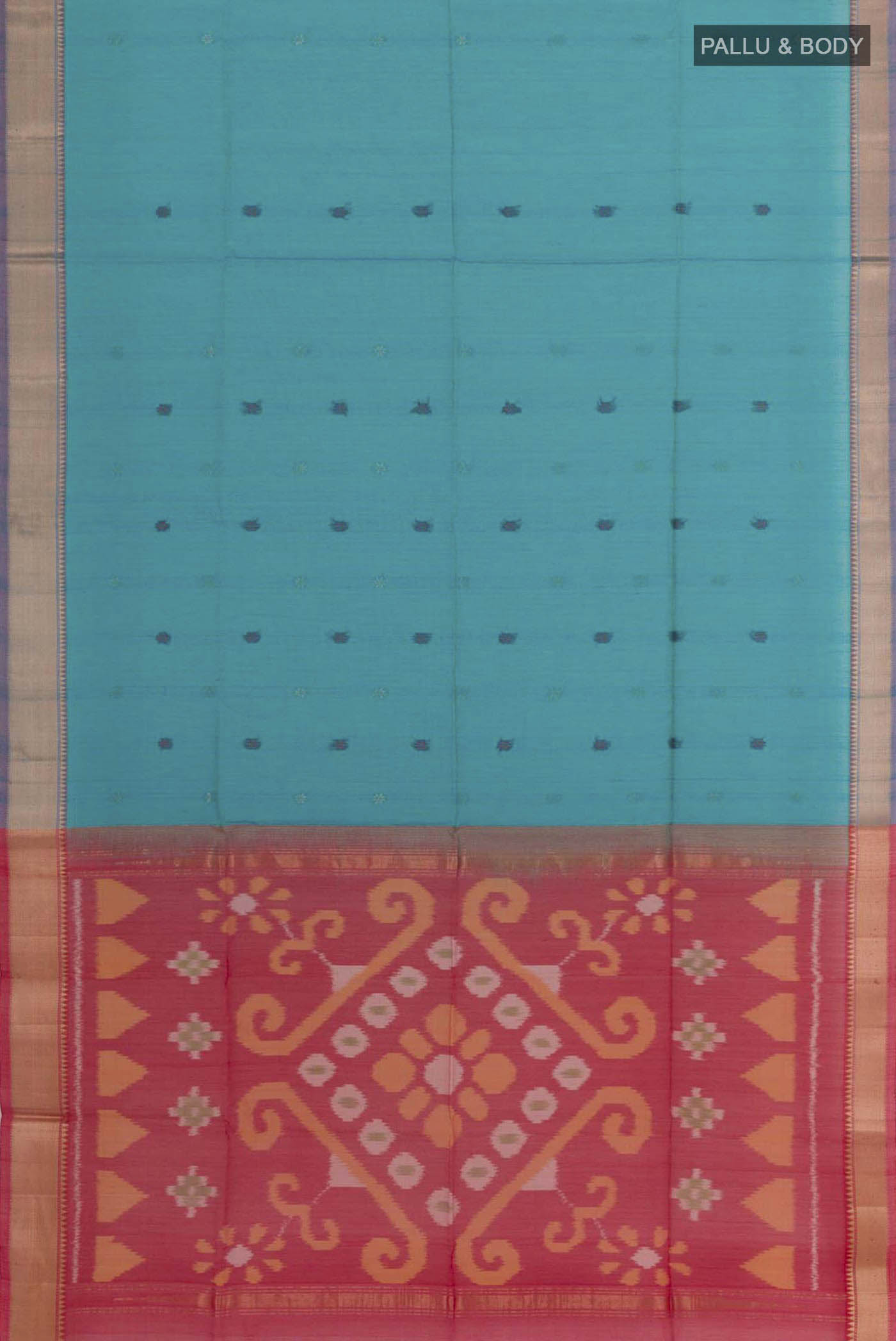 Flat view of Blue Blended Kora Cotton Saree with Thread Butta on the body and Zari Border. 
