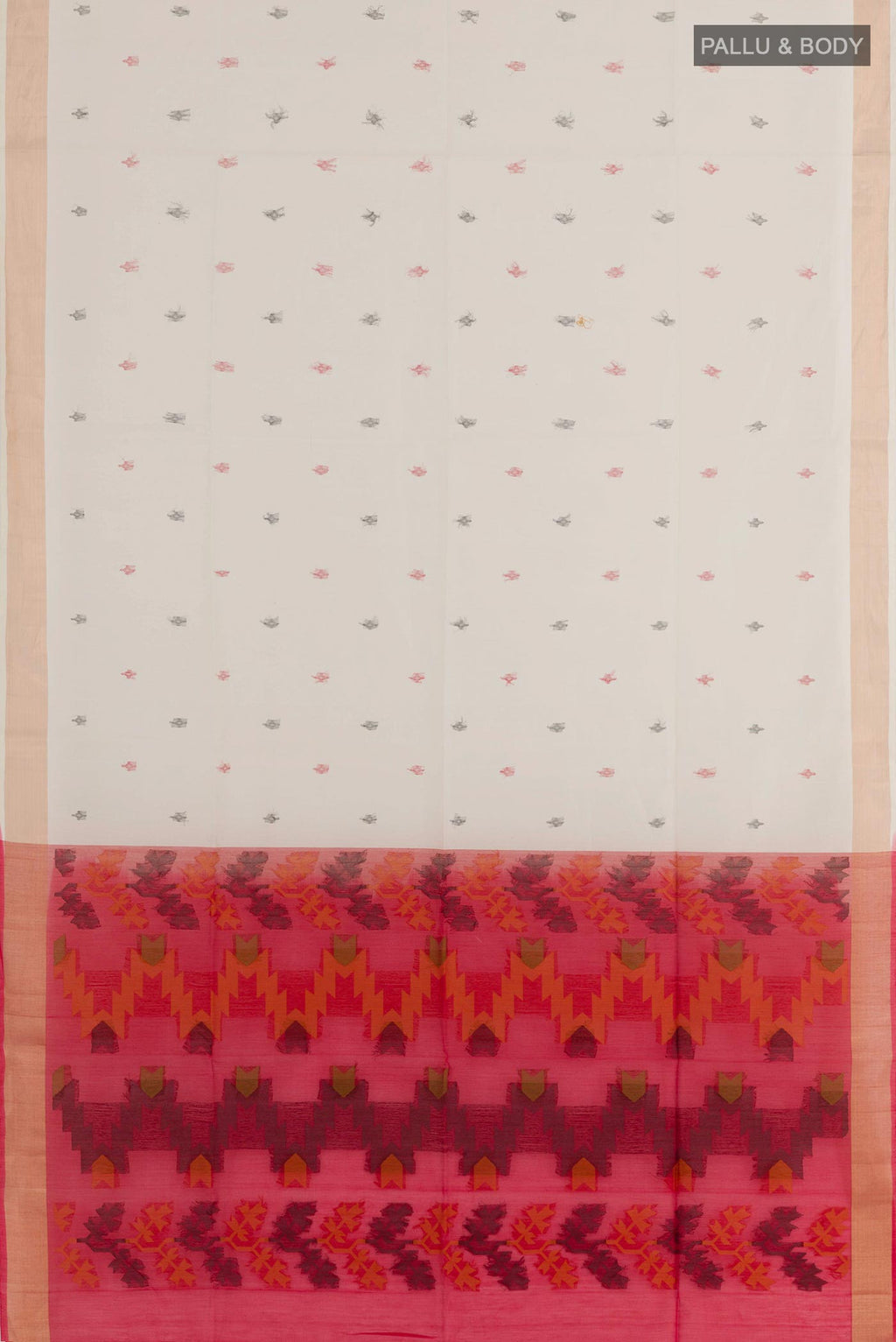 Flat view of Off White Blended Kora Cotton Saree with Zari Butta on the body and Zari Border. 