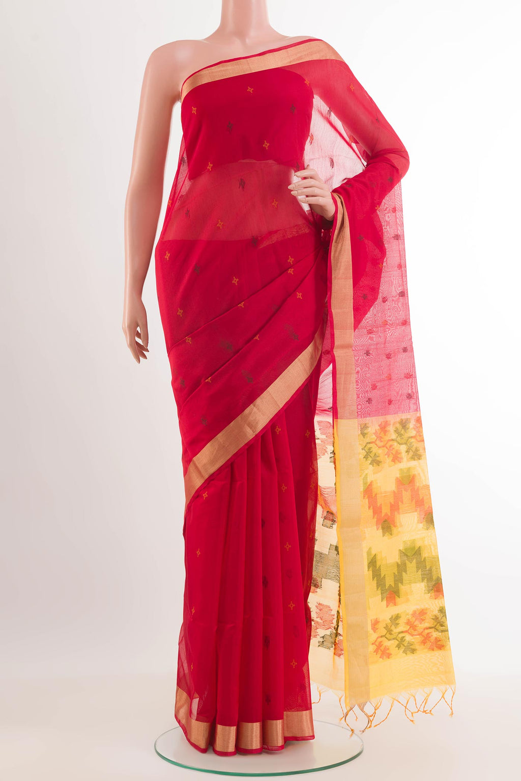 Red Blended Kora Cotton Saree with Zari Butta on the body and Zari Border.  displayed on a mannequin