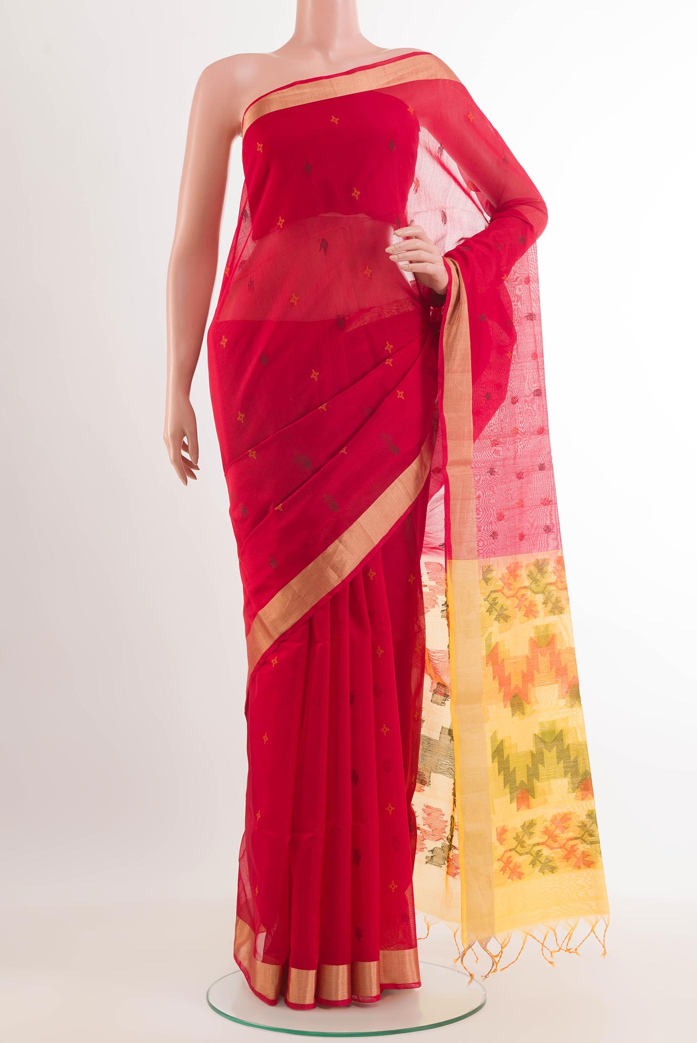 Red Blended Kora Cotton Saree with Zari Butta on the body and Zari Border.  displayed on a mannequin