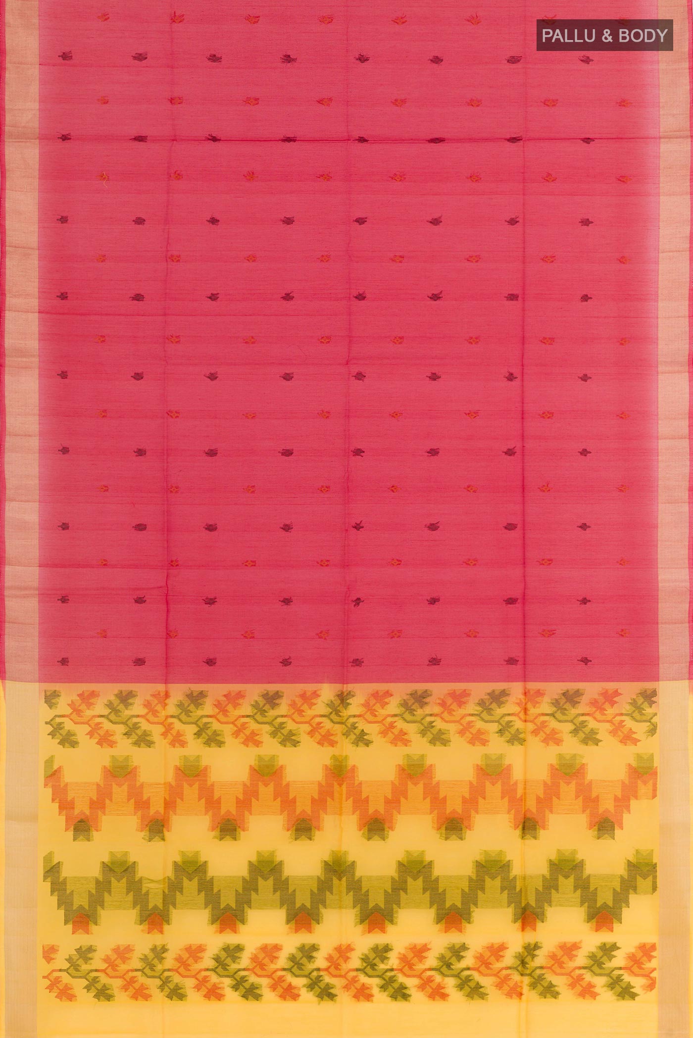 Flat view of Red Blended Kora Cotton Saree with Zari Butta on the body and Zari Border. 