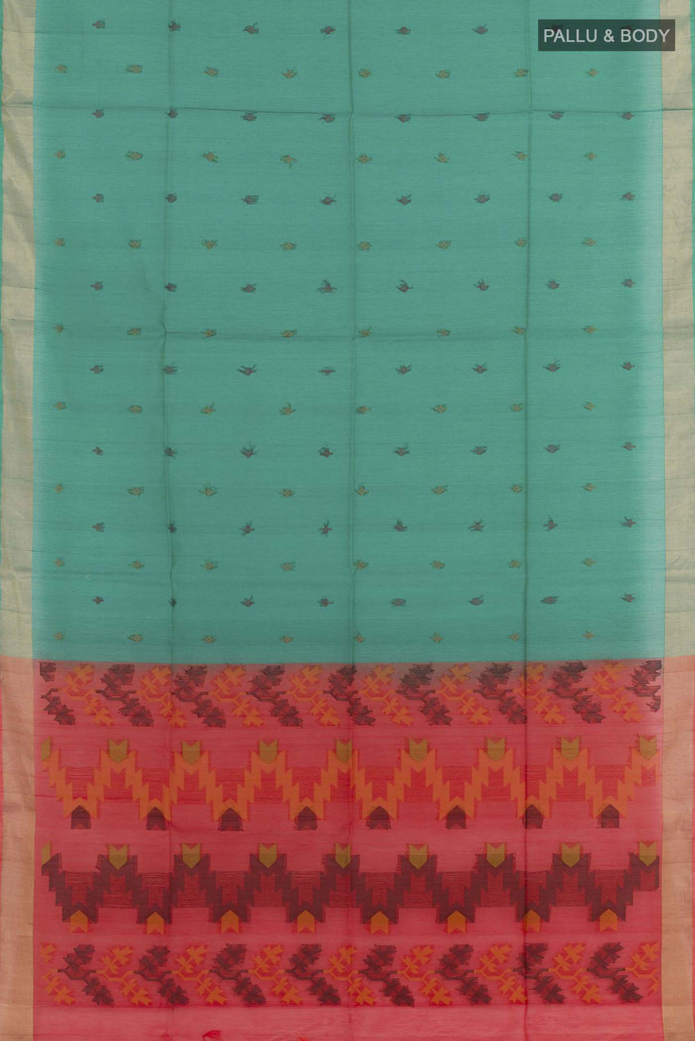 Flat view of Green Blended Kota Cotton Saree with Zari Butta on the body and Zari Border. 